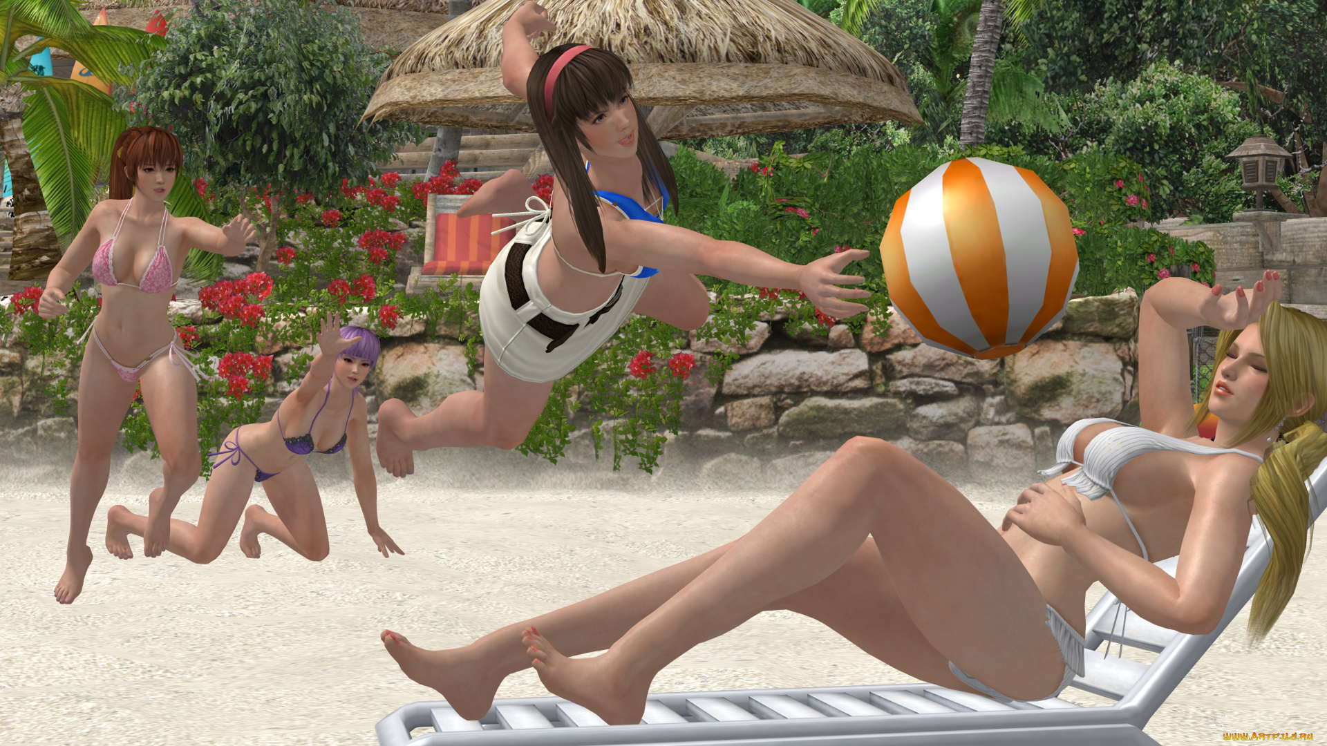 3д, графика, люди, , people, шезлонг, мяч, фон, взгляд, девушки, пляж, отдых