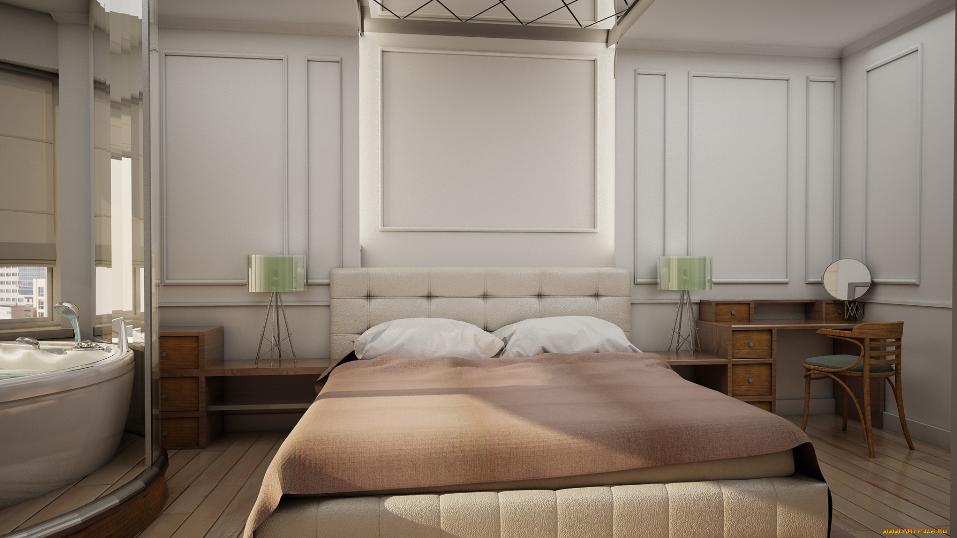 3д, графика, реализм, , realism, столик, спальня, ванная, подушки, зеркало, кровать