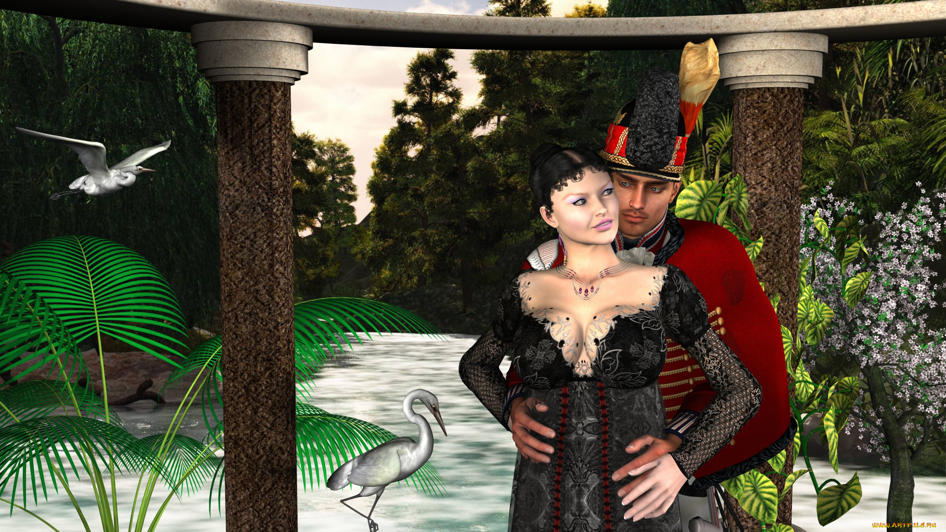 3д, графика, романтика, , romantics, река, колоны, птицы, растение, природа, взгляд, девушка, мужчина