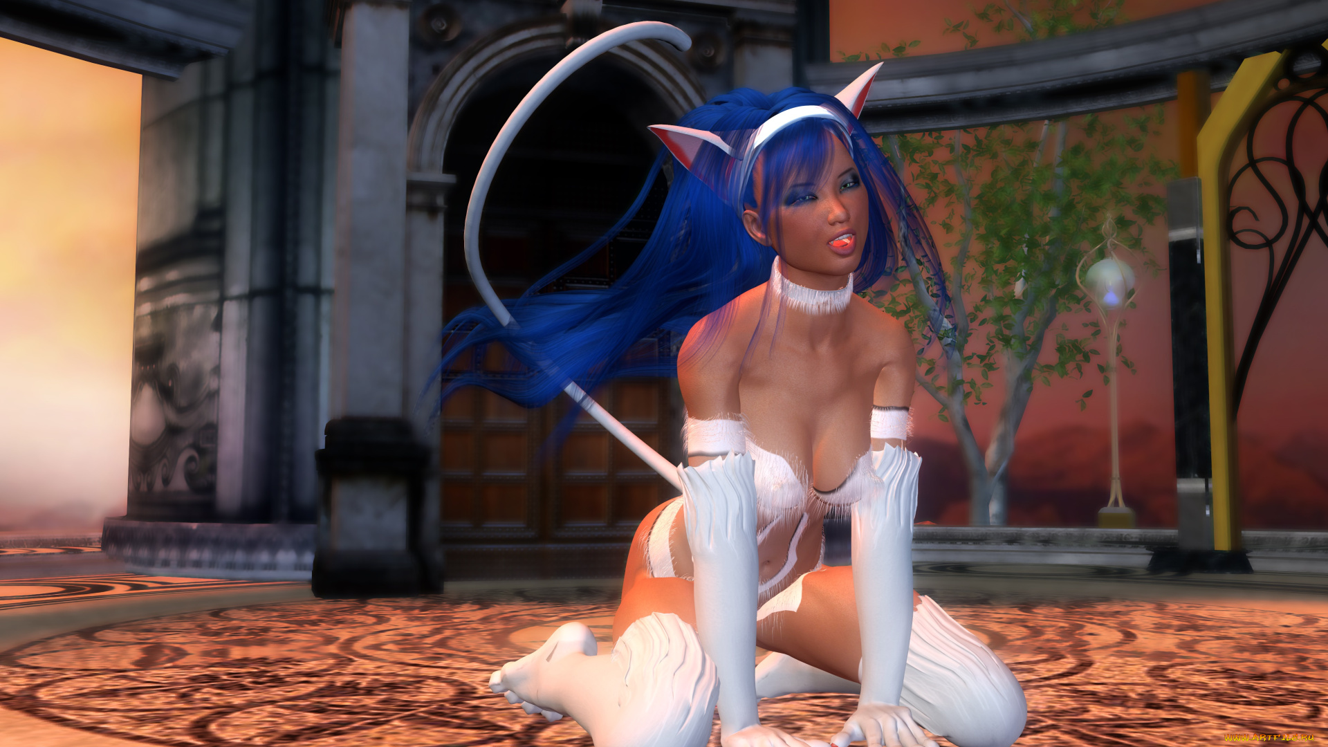 3д, графика, существа, , creatures, фон, взгляд, девушка, когти, ушки, хвостик