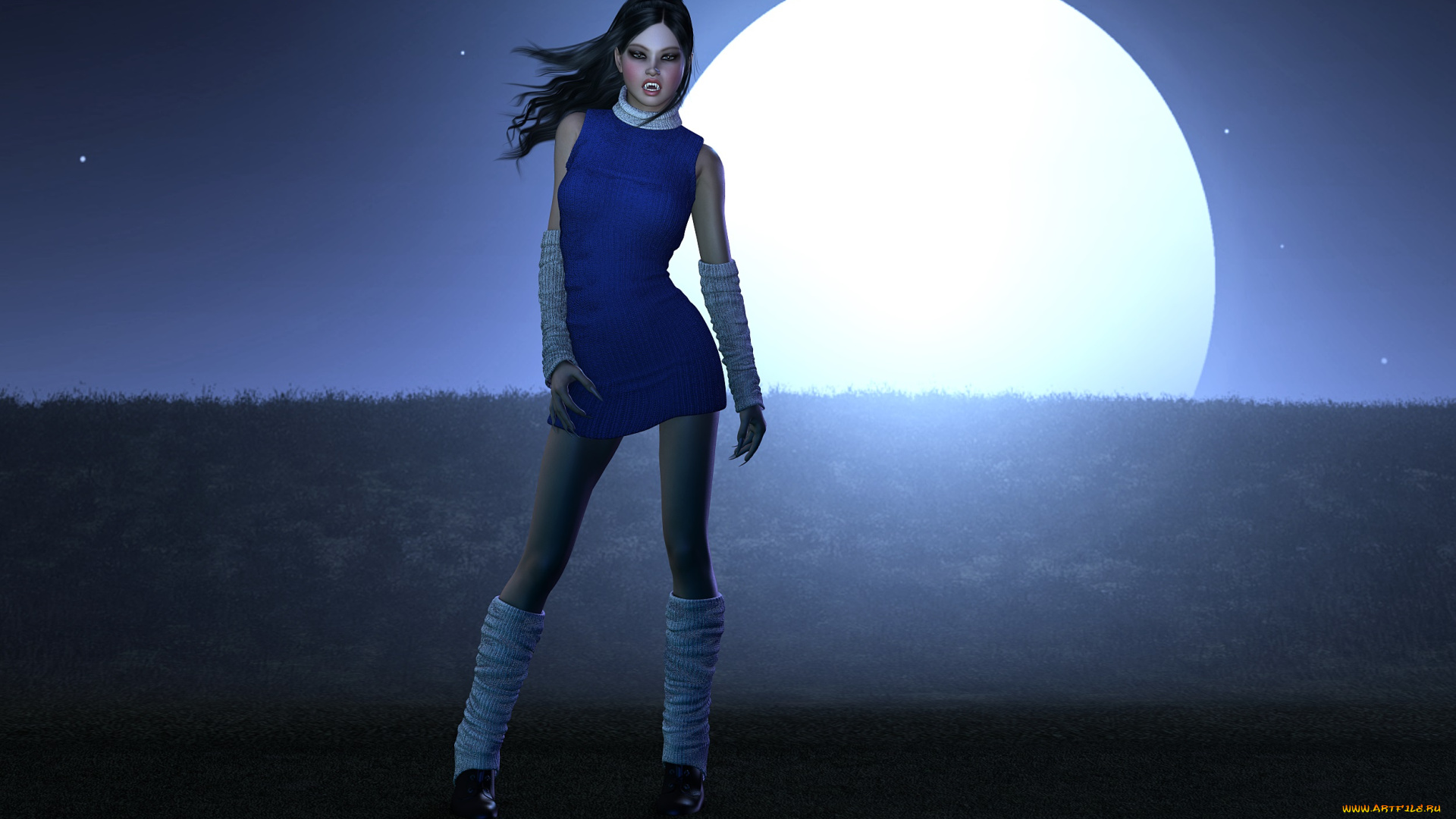 3д, графика, существа, , creatures, фон, взгляд, девушка, луна, вампир