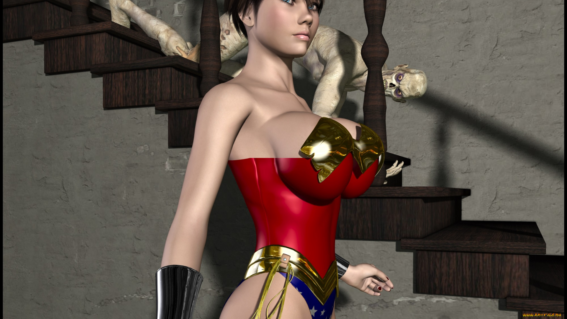 lordsnot, 3д, графика, фантазия, , fantasy, лестница, существо, фон, взгляд, девушка