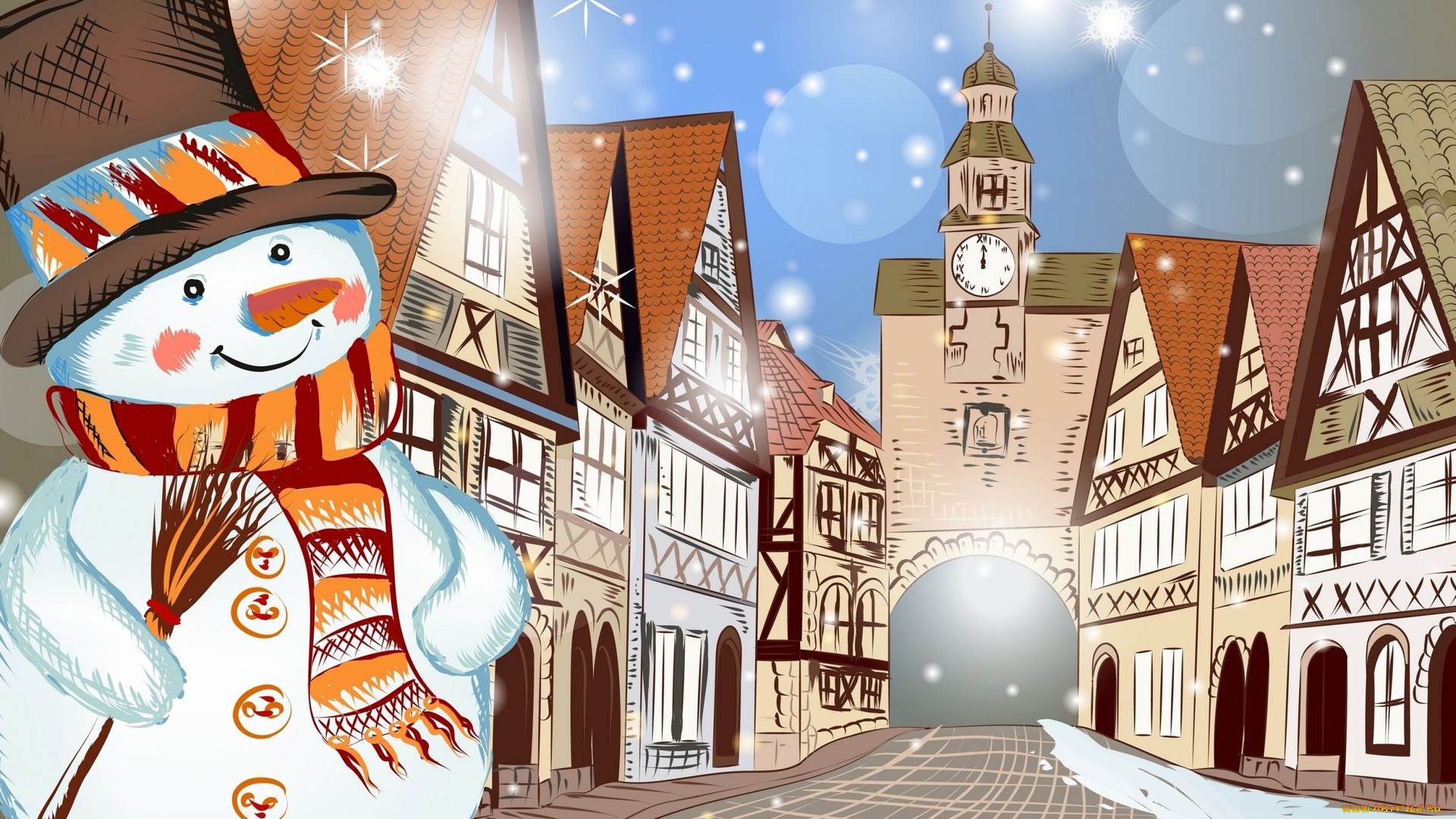 праздничные, рисованные, город, часы, снег, здания, дома, снеговик, зима