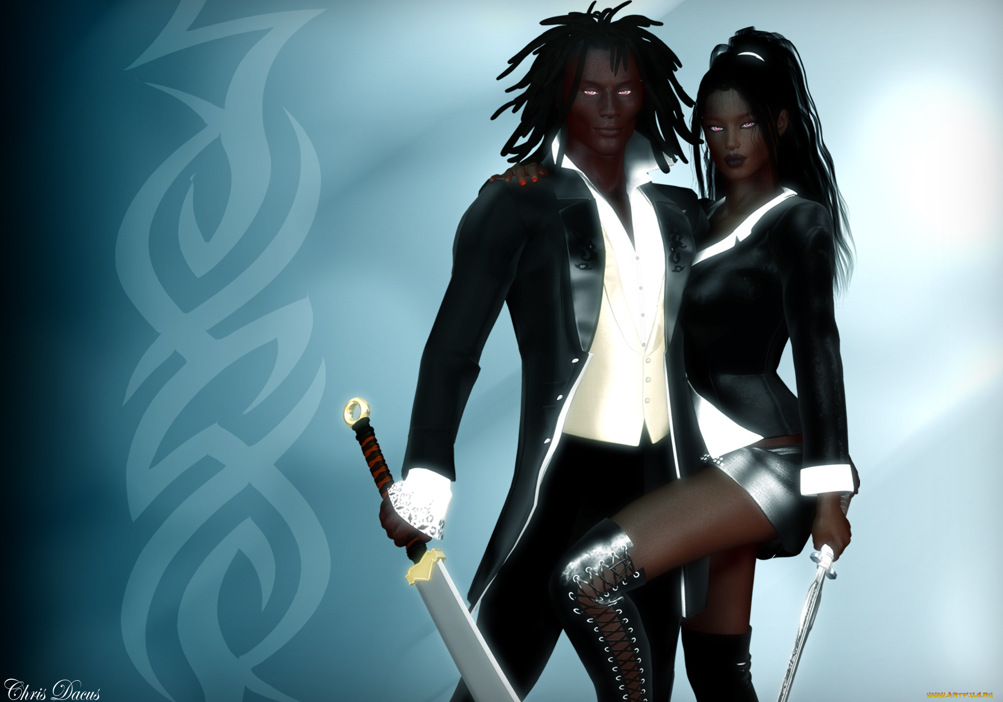 3д, графика, фантазия, , fantasy, мужчина, оружие, взгляд, девушка