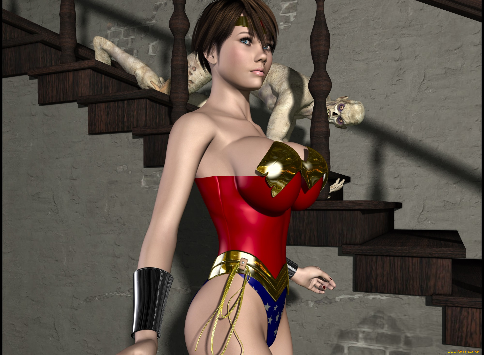 lordsnot, 3д, графика, фантазия, , fantasy, лестница, существо, фон, взгляд, девушка