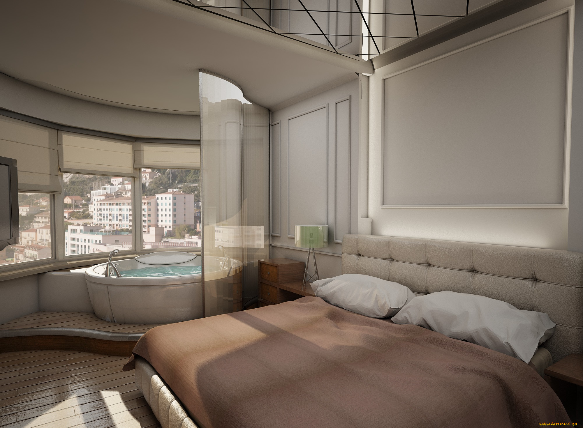 3д, графика, реализм, , realism, кровать, спальня, ванная, подушки