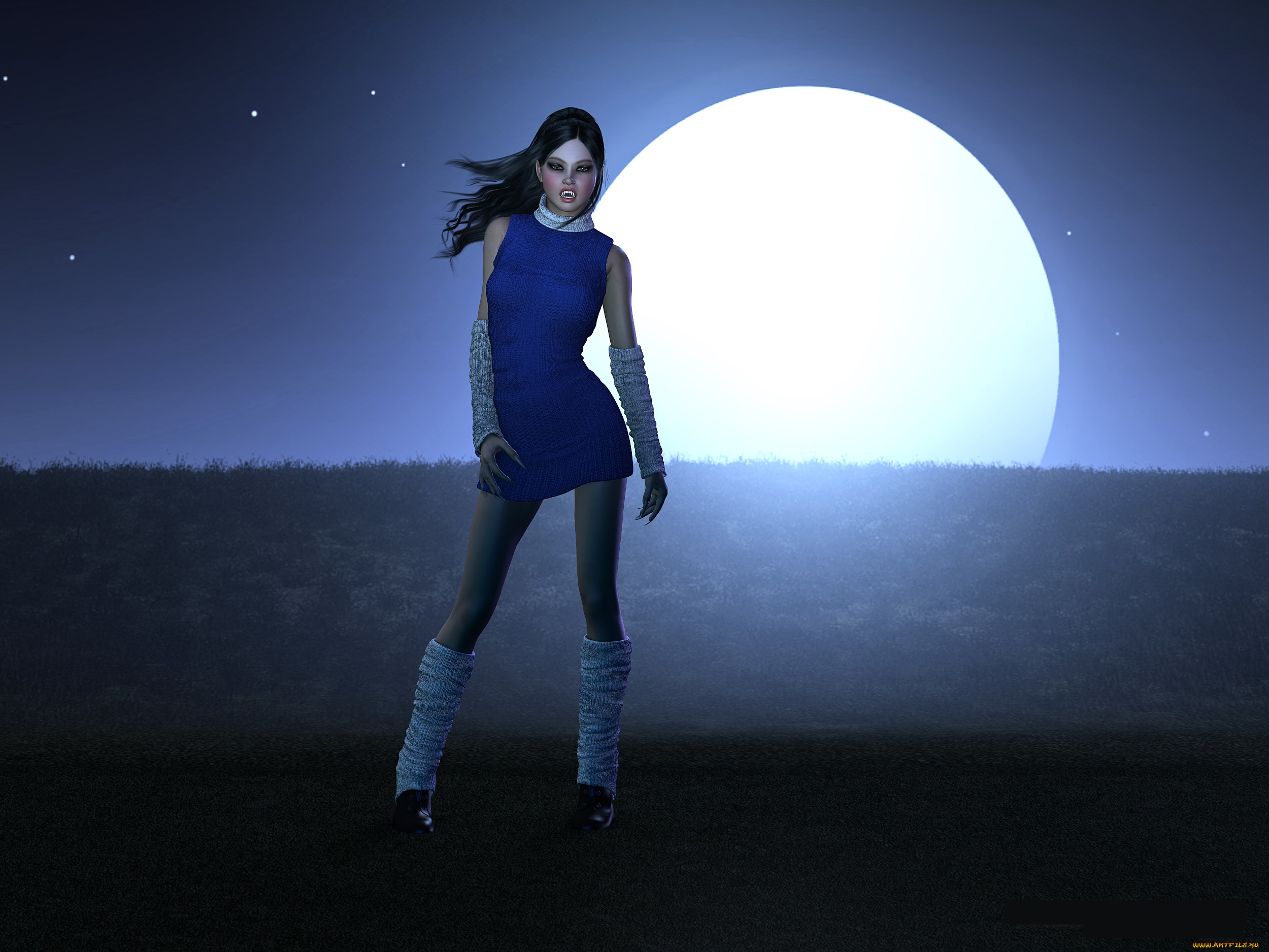 3д, графика, существа, , creatures, фон, взгляд, девушка, луна, вампир