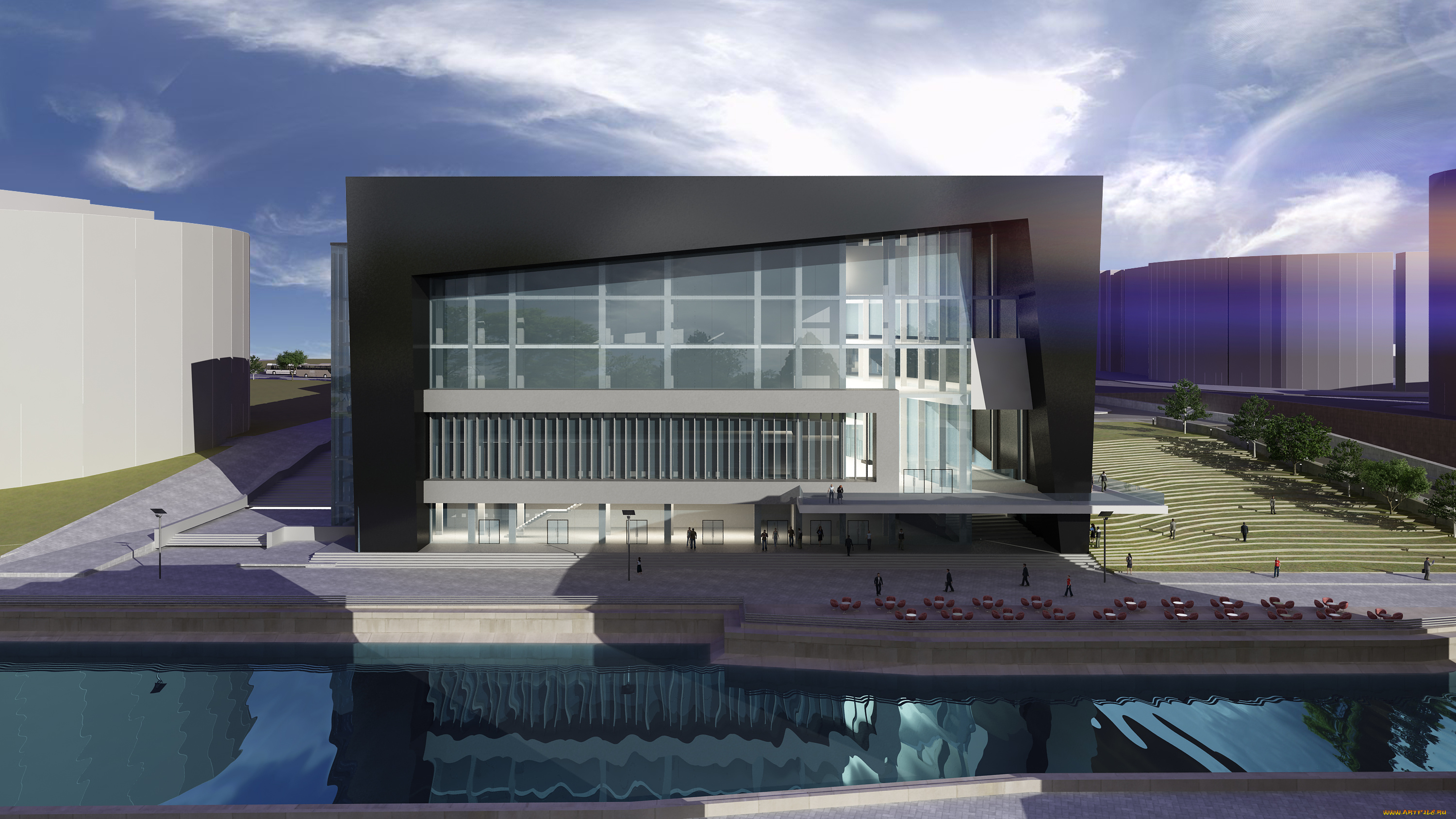 3д, графика, архитектура, , architecture, небо, дом, бассейн, облака