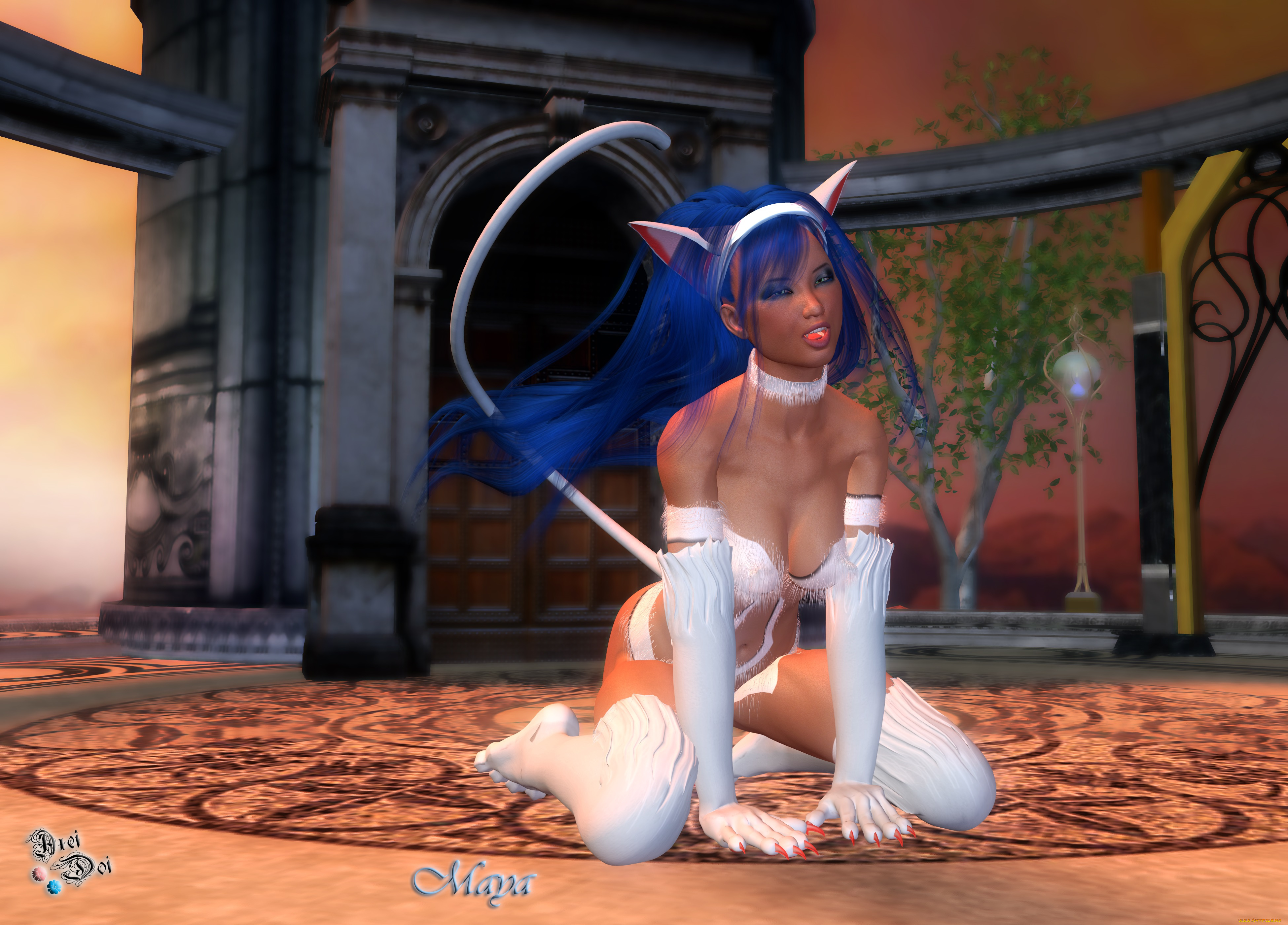 3д, графика, существа, , creatures, фон, взгляд, девушка, когти, ушки, хвостик