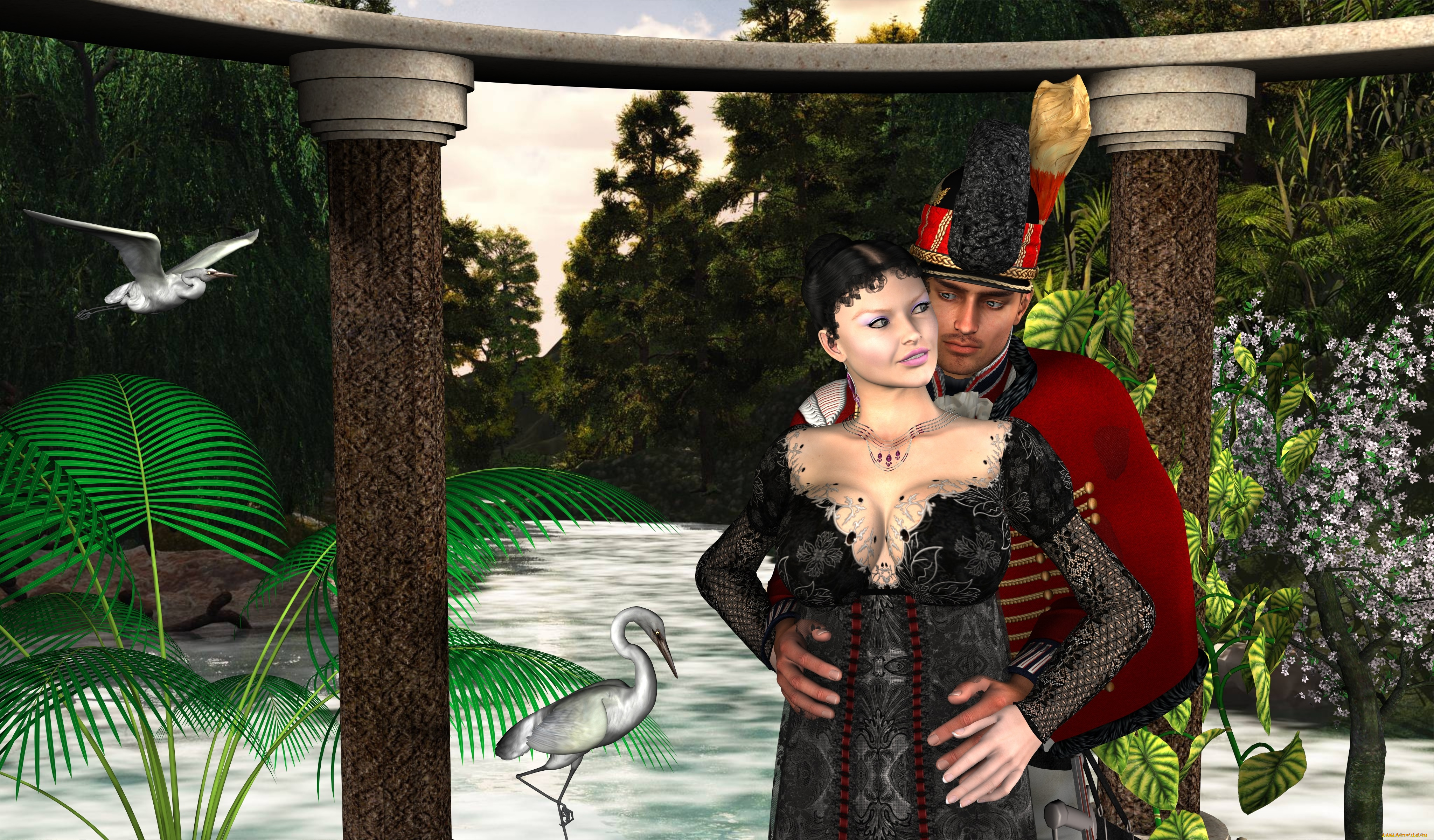 3д, графика, романтика, , romantics, река, колоны, птицы, растение, природа, взгляд, девушка, мужчина