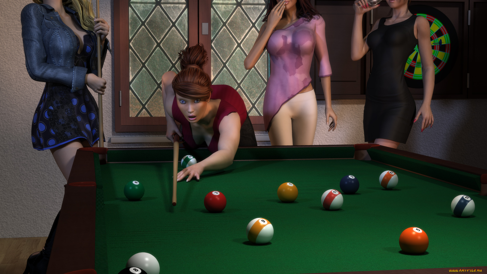 3д, графика, люди, , people, взгляд, девушки, бильярд, фон