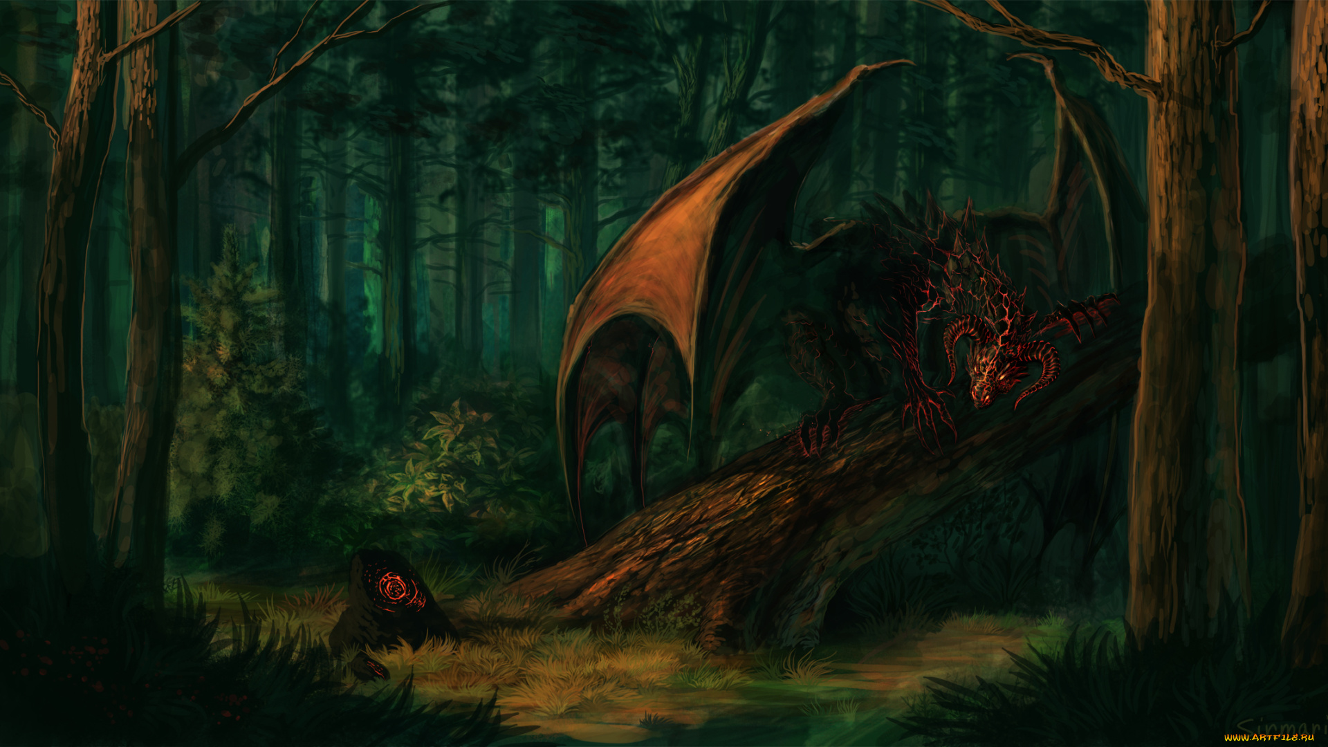 фэнтези, драконы, фантастика, крылья, лес, деревья, рога, взгляд, демон, арт, камень