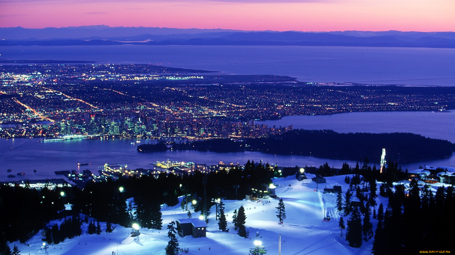 города, ванкувер, , канада, ночь, зима, панорама