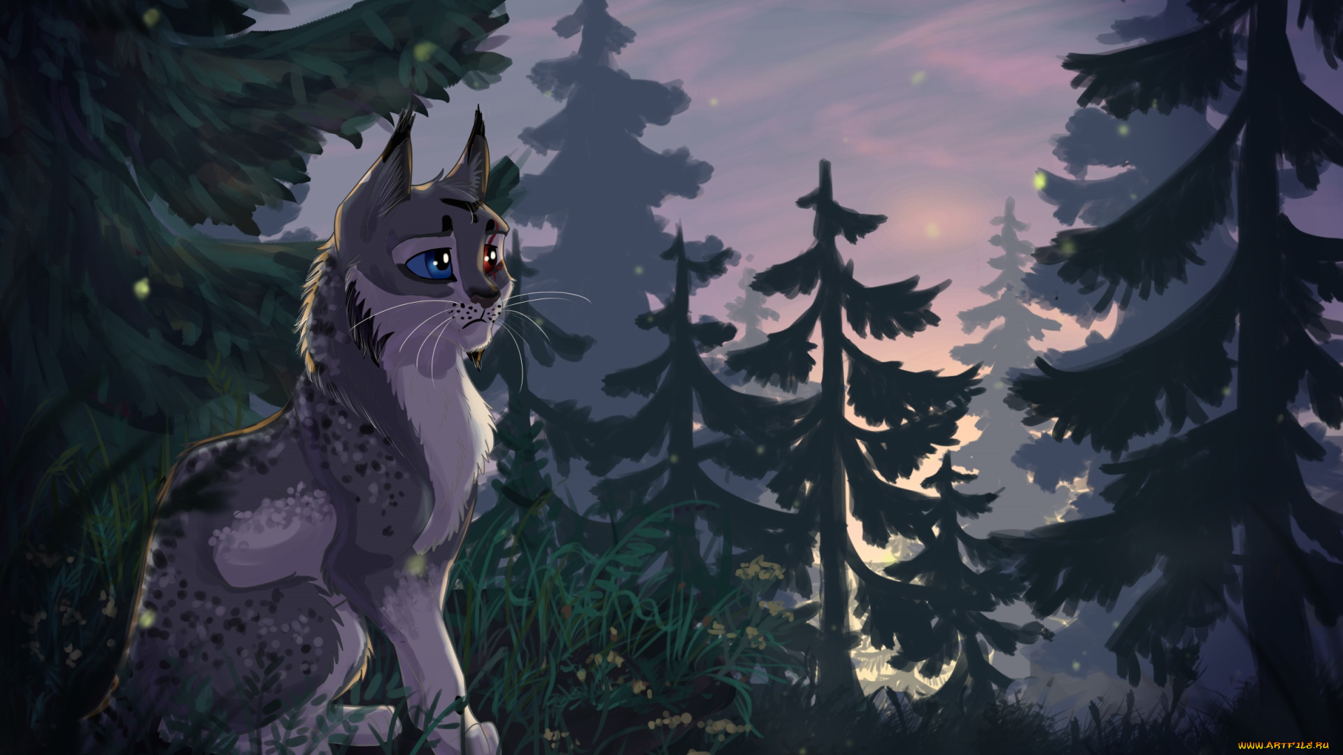 рисованное, животные, , коты, фон, взгляд, кот, лес