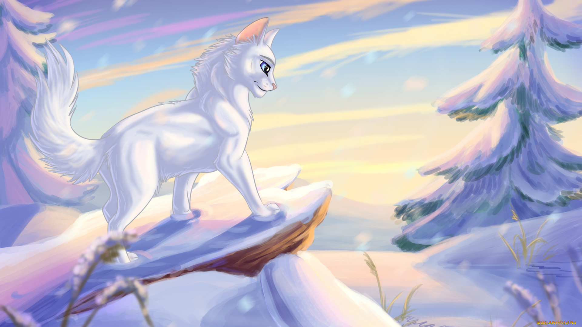 рисованное, животные, , коты, снег, ели, кот