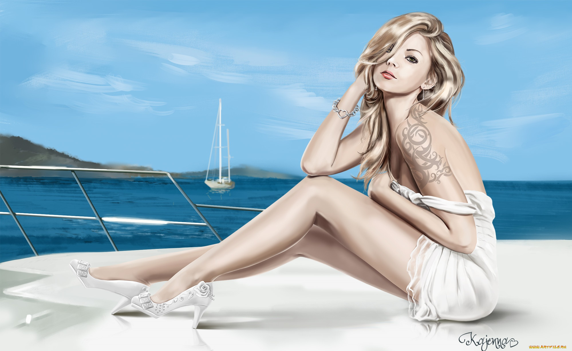 рисованное, люди, яхта, фон, море, взгляд, девушка
