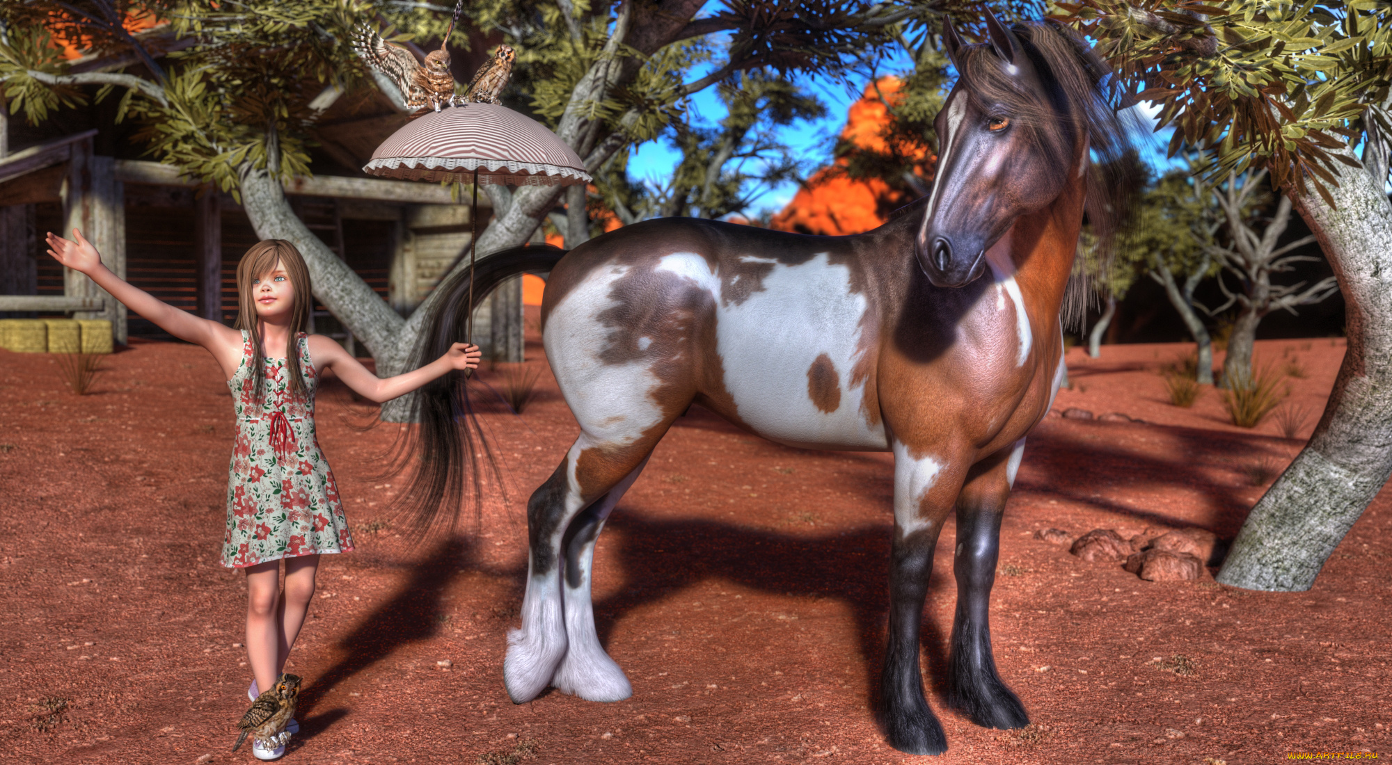 3д, графика, люди, , people, лошадь, девочка