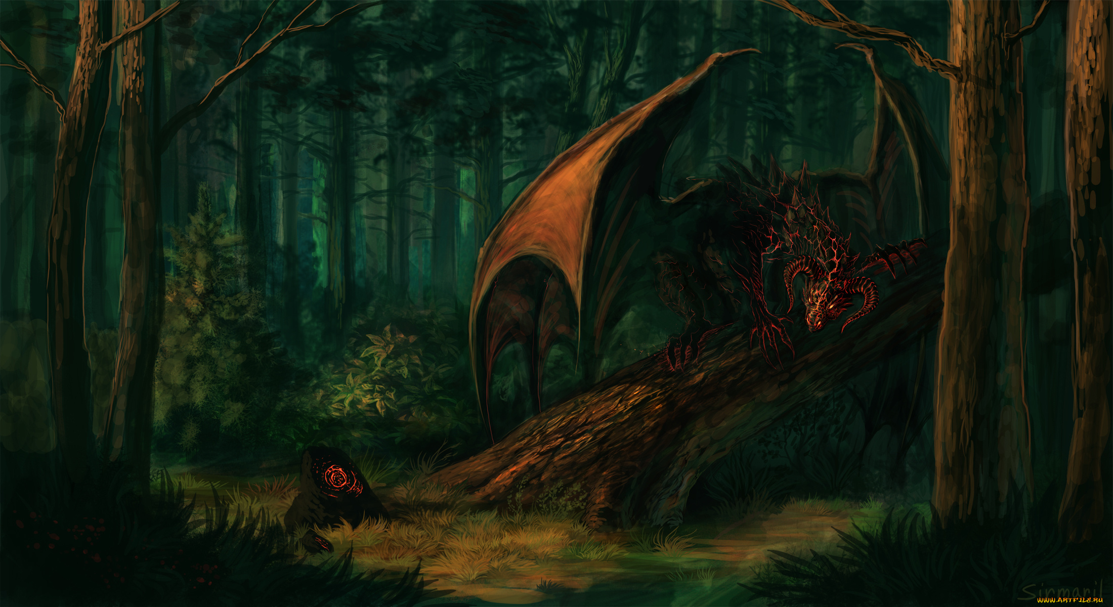 фэнтези, драконы, фантастика, крылья, лес, деревья, рога, взгляд, демон, арт, камень