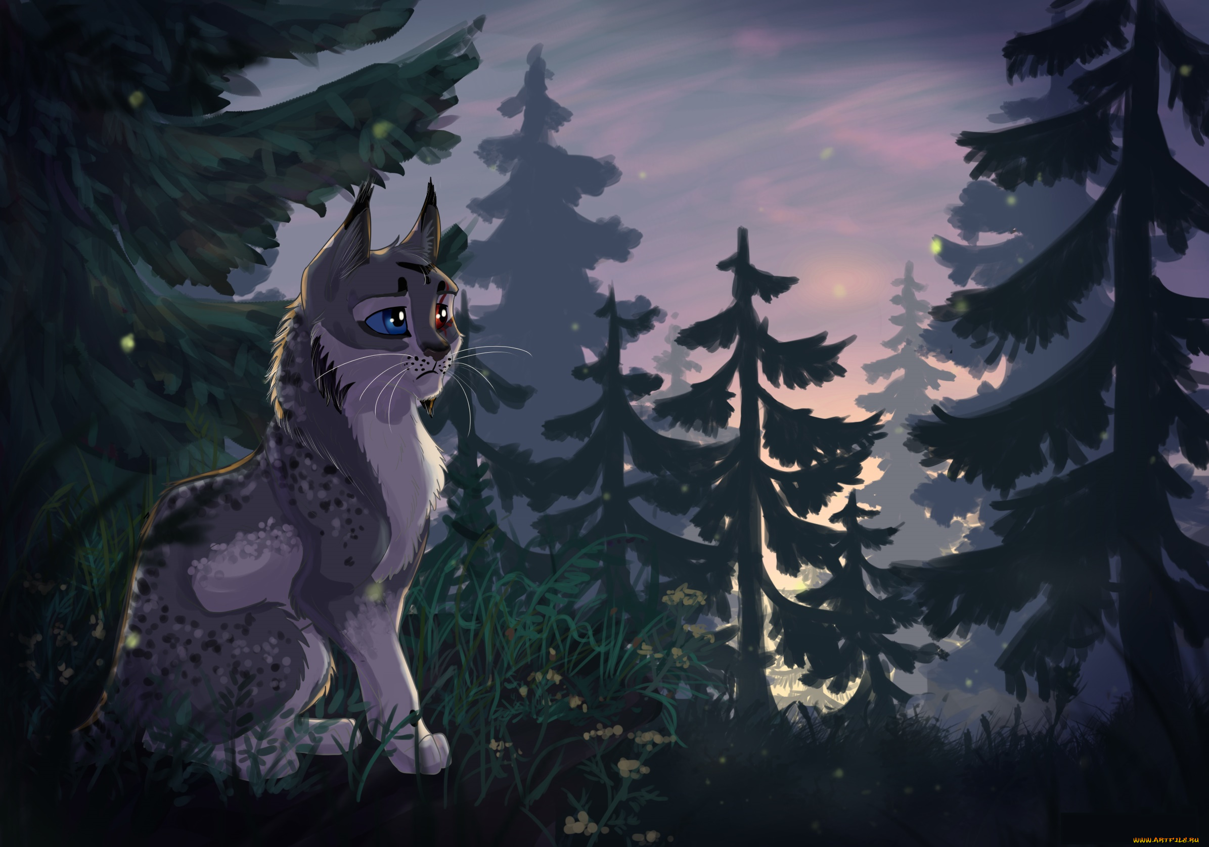 рисованное, животные, , коты, фон, взгляд, кот, лес