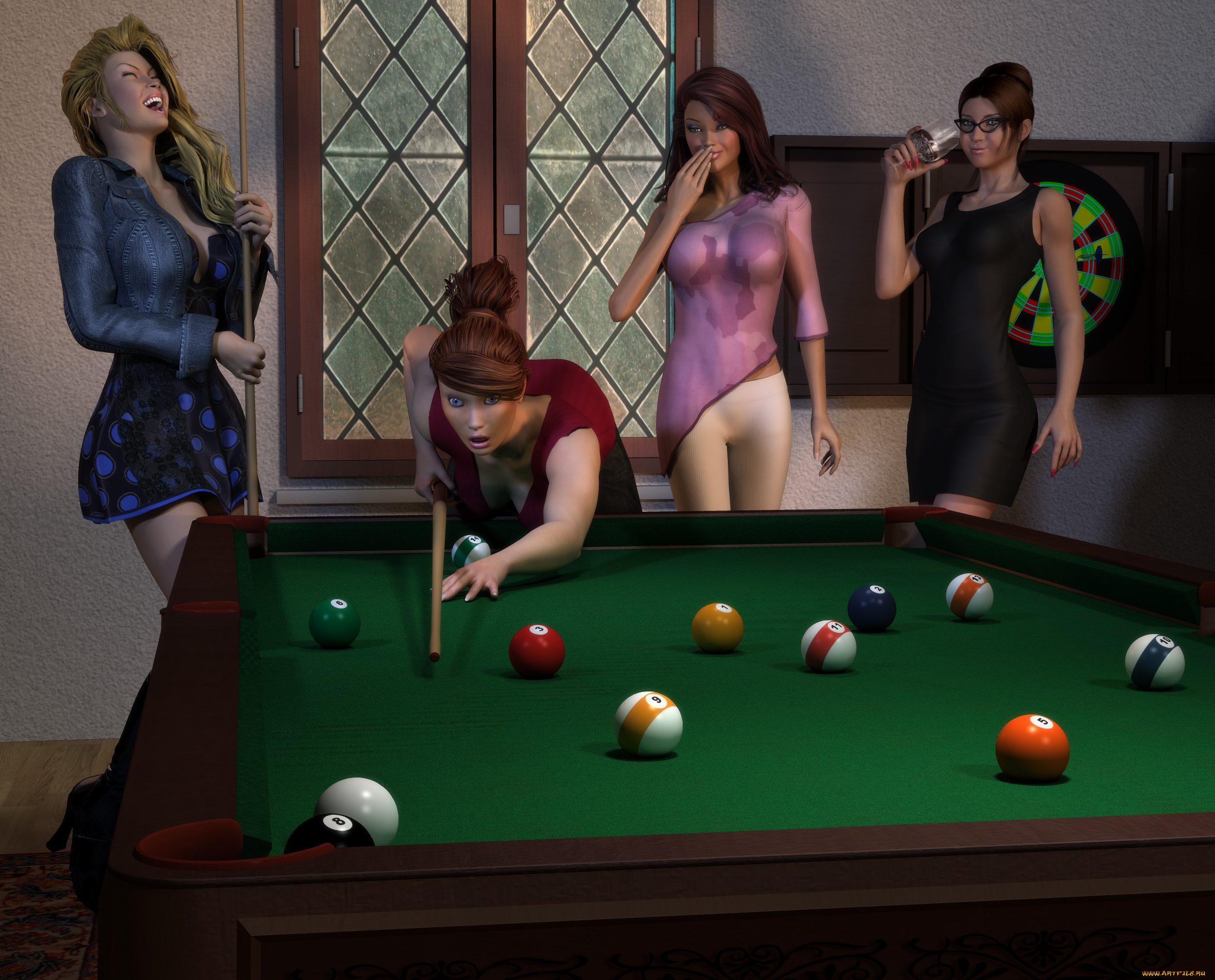 3д, графика, люди, , people, взгляд, девушки, бильярд, фон