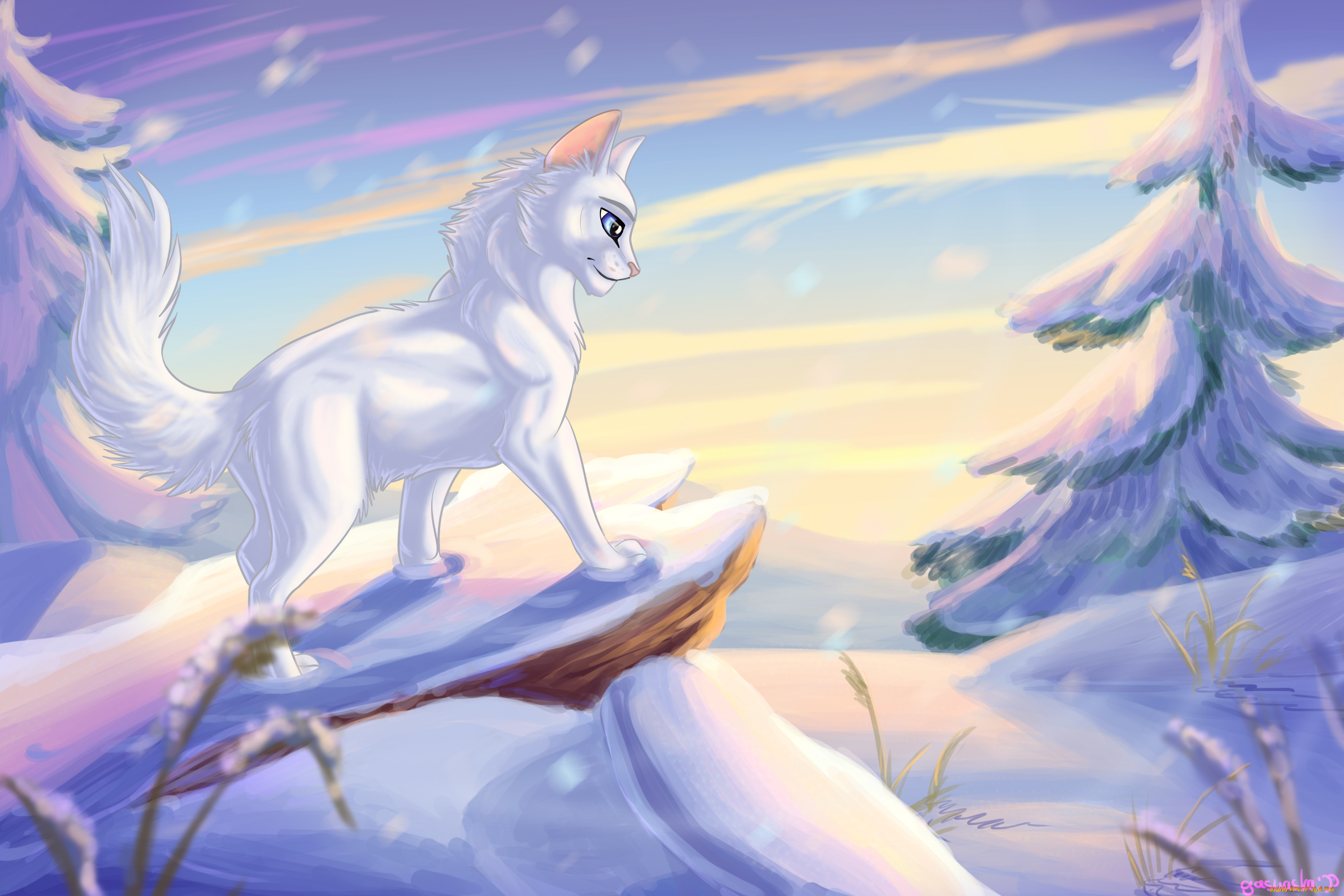 рисованное, животные, , коты, снег, ели, кот