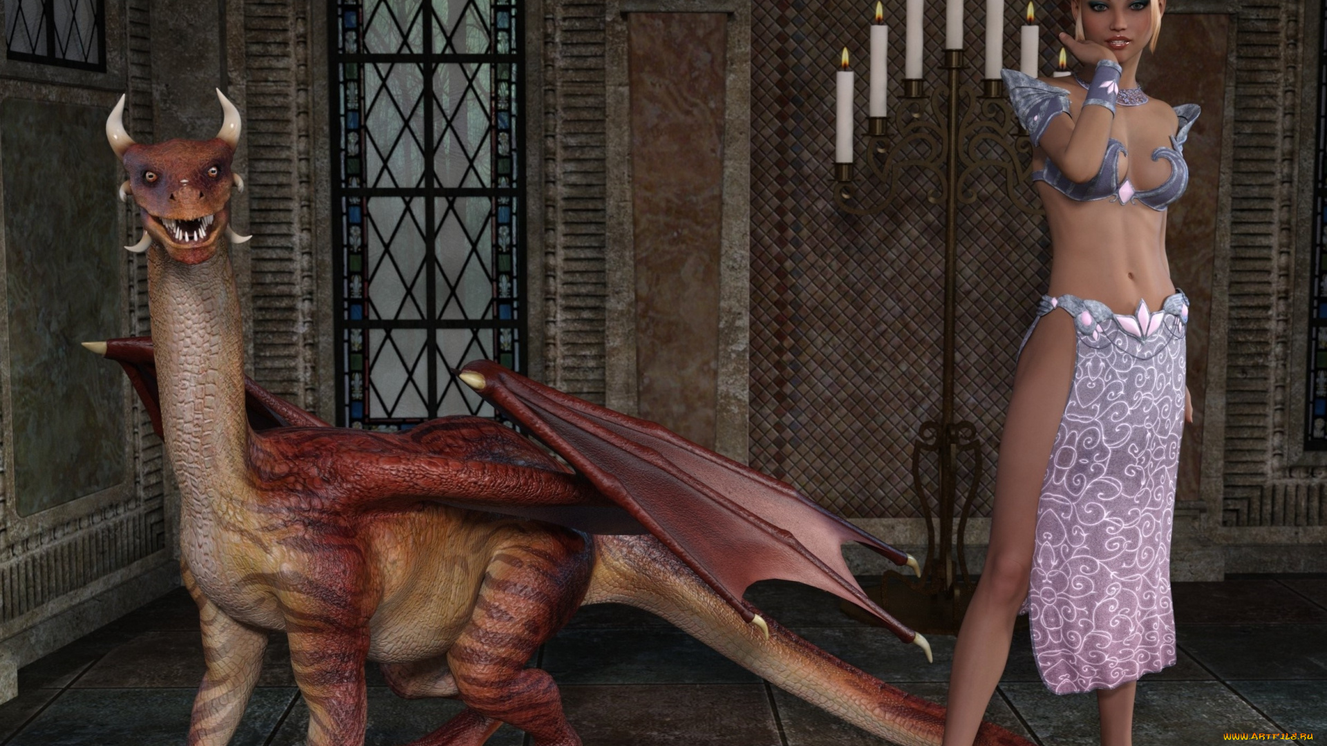 3д, графика, фантазия, , fantasy, девушка, дракон, фон, взгляд