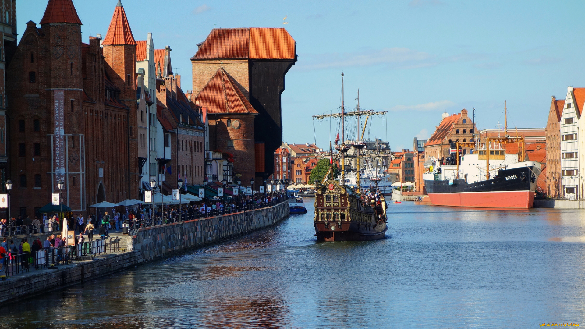 города, гданьск, , польша, набережная, корабль, гданьск, небо, дома, люди