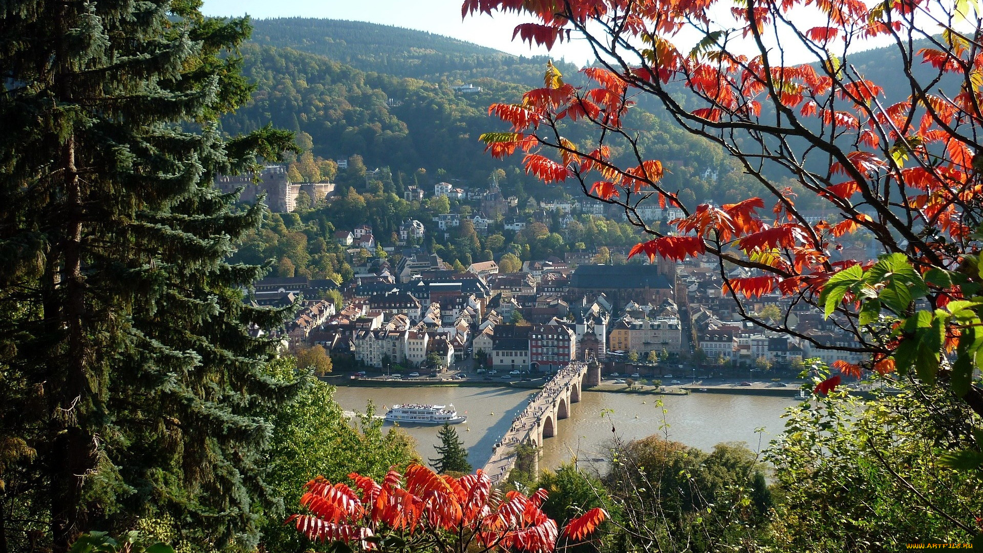 города, гейдельберг, , германия, река, мост, панорама