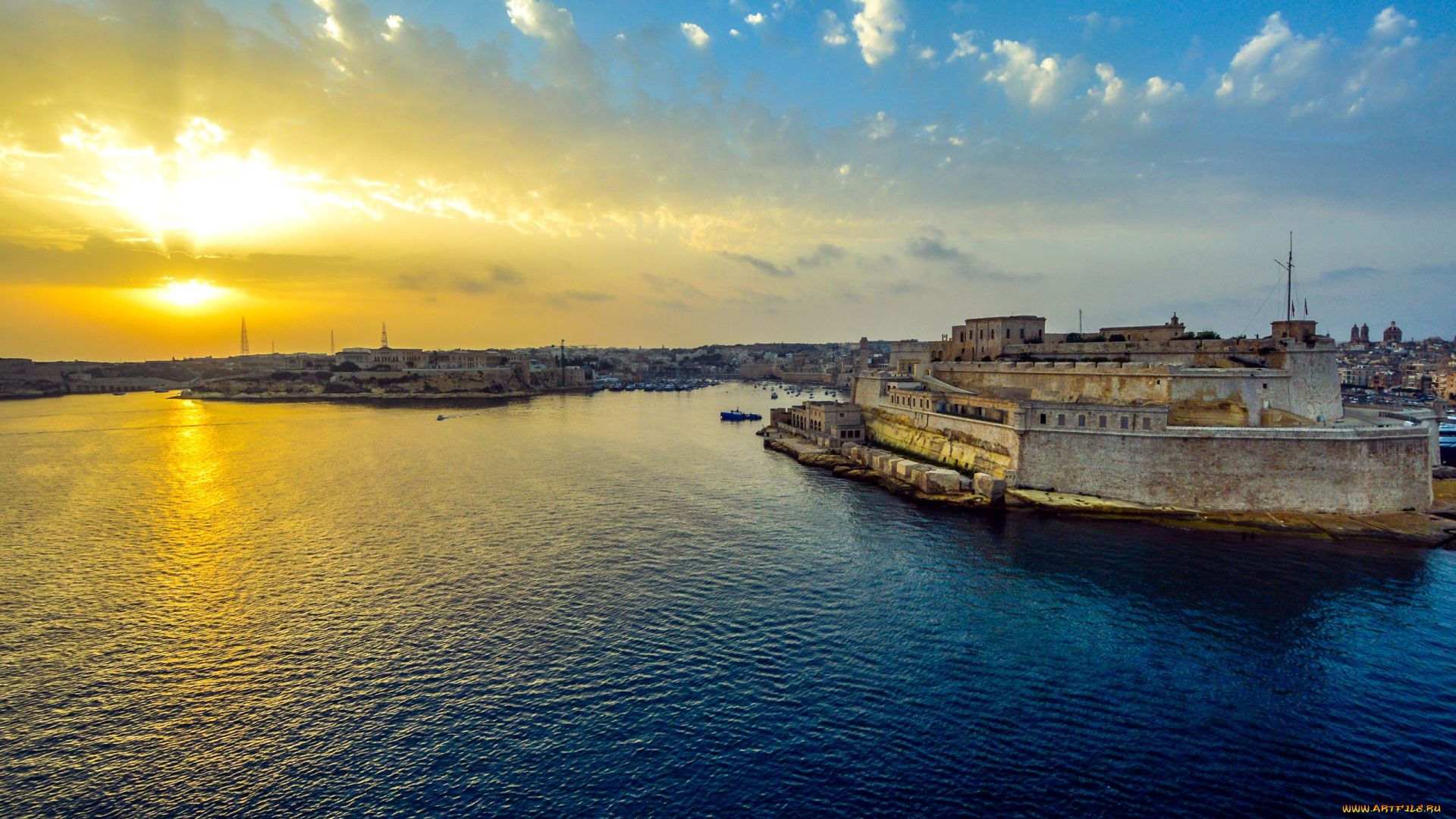 города, валетта, , мальта, залив, крепость, закат