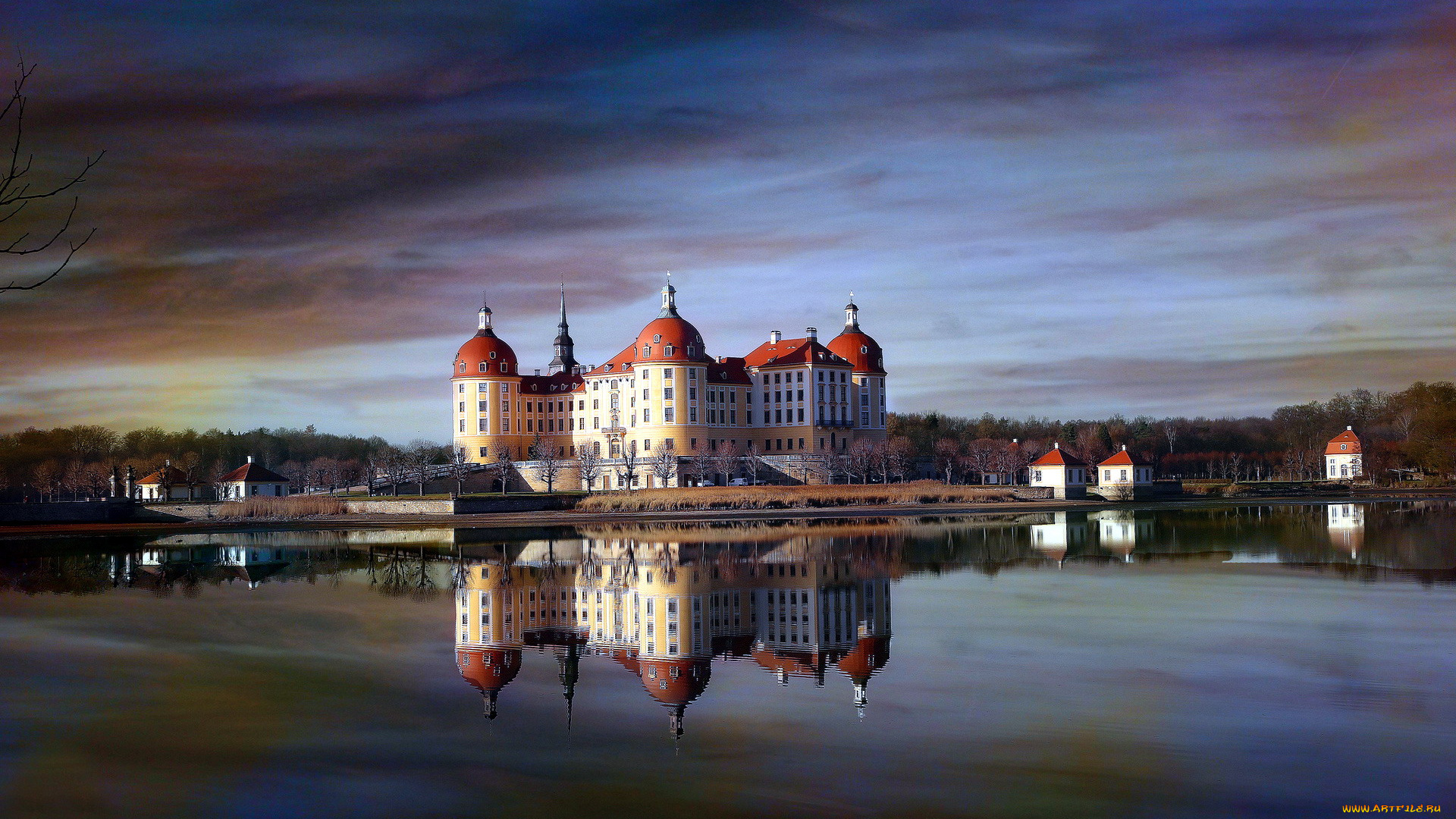 города, замок, морицбург, , германия, река, отражение, замок