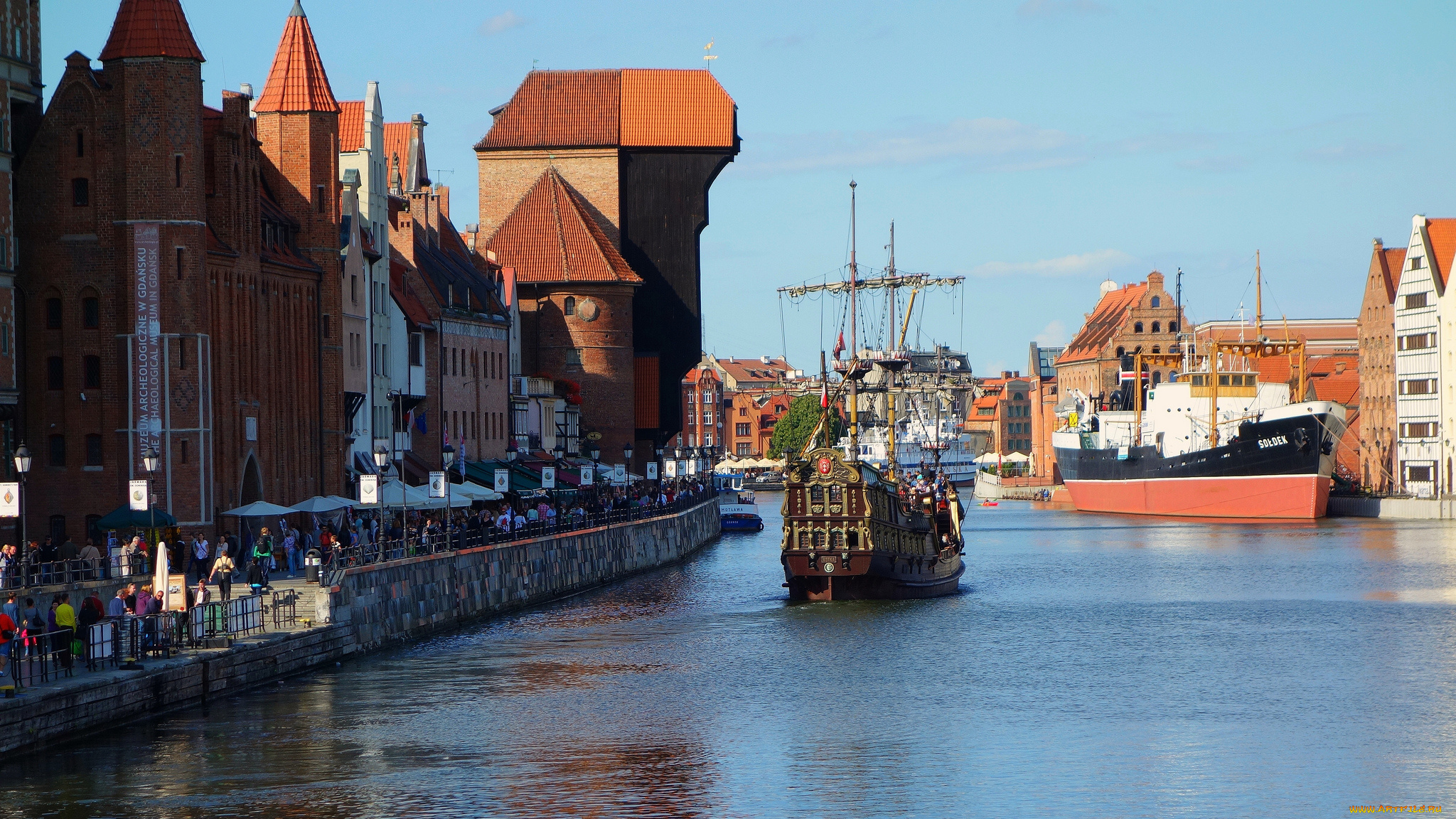 города, гданьск, , польша, набережная, корабль, гданьск, небо, дома, люди