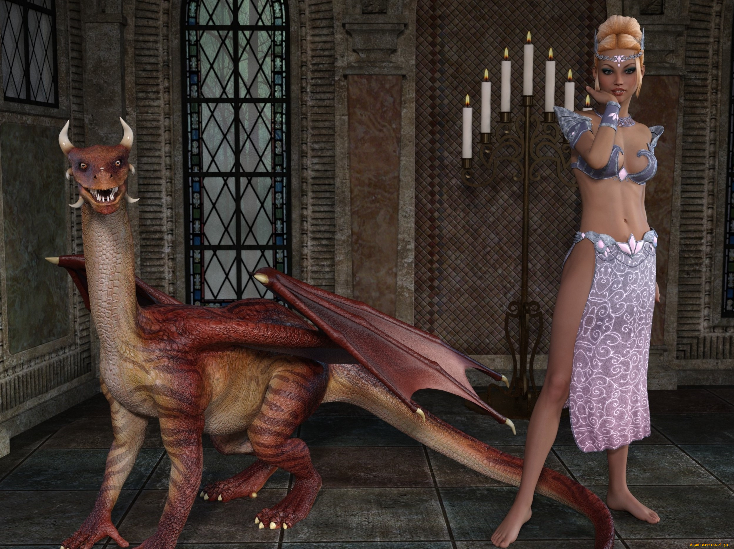 3д, графика, фантазия, , fantasy, девушка, дракон, фон, взгляд