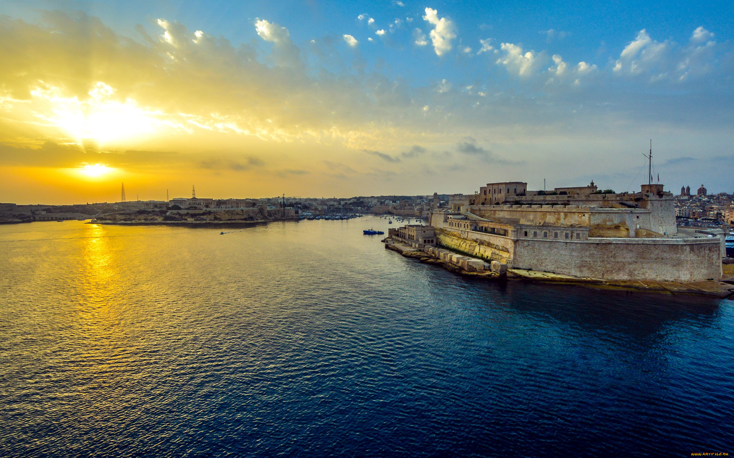 города, валетта, , мальта, залив, крепость, закат