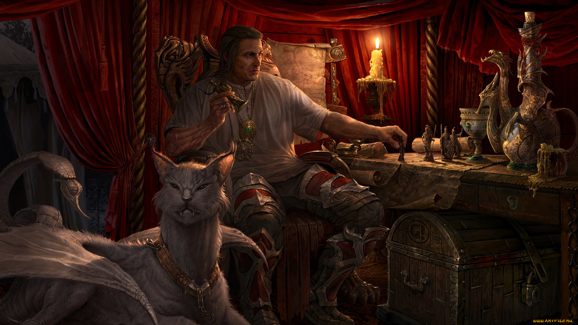 фэнтези, люди, существо, сундук, стол, статуэтки, свеча, мужик, strategy