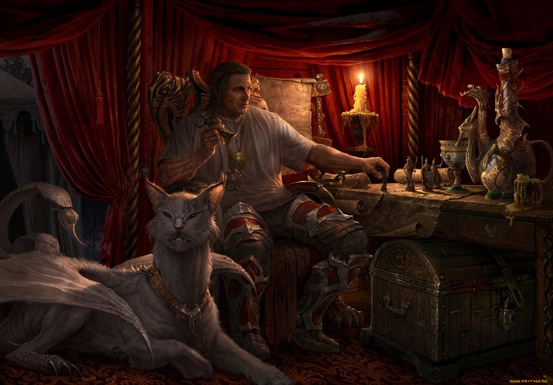 фэнтези, люди, существо, сундук, стол, статуэтки, свеча, мужик, strategy