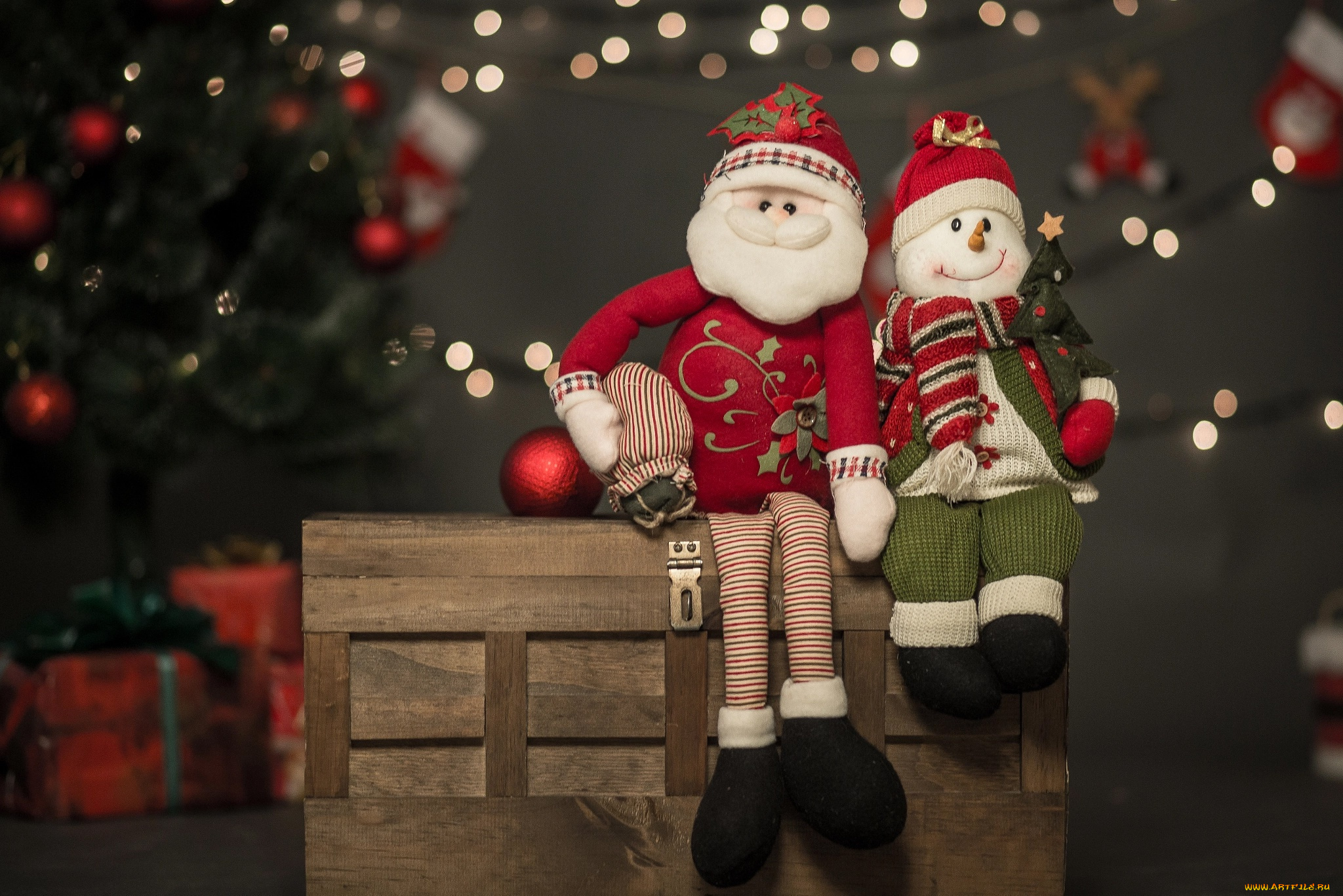 праздничные, мягкие, игрушки, ящик, игрушки, боке, новый, год, снеговик, праздник, ёлка, рождество, санта, клаус