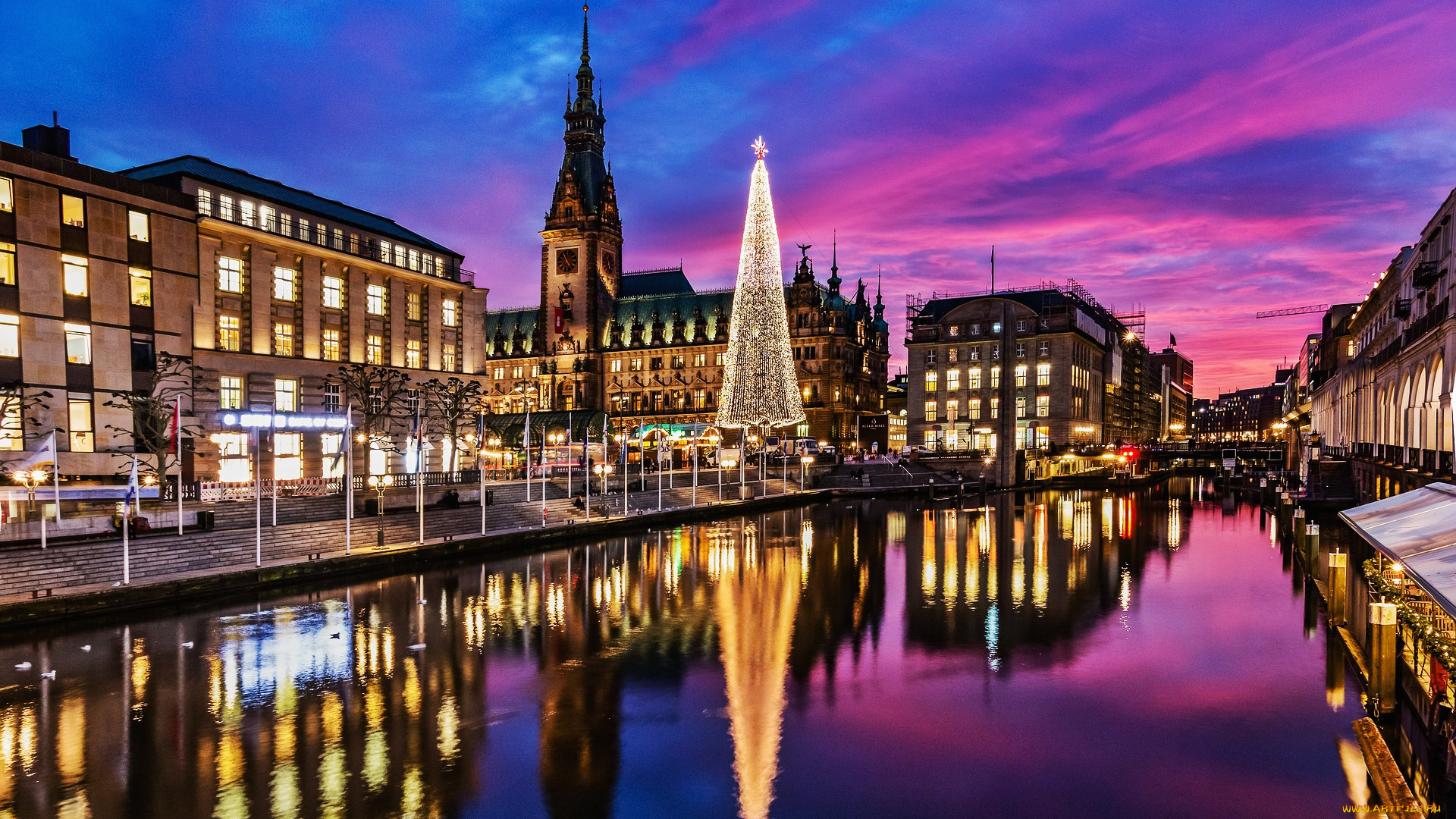 гамбург, германия, города, гамбург, , ночь, новогодняя, елка, улица, река, европа