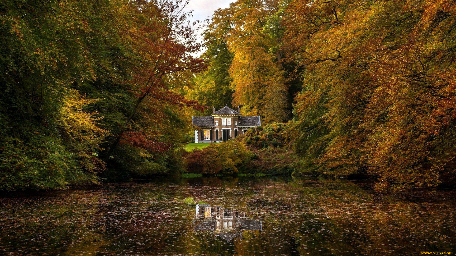 города, -, пейзажи, осень, пруд, дом