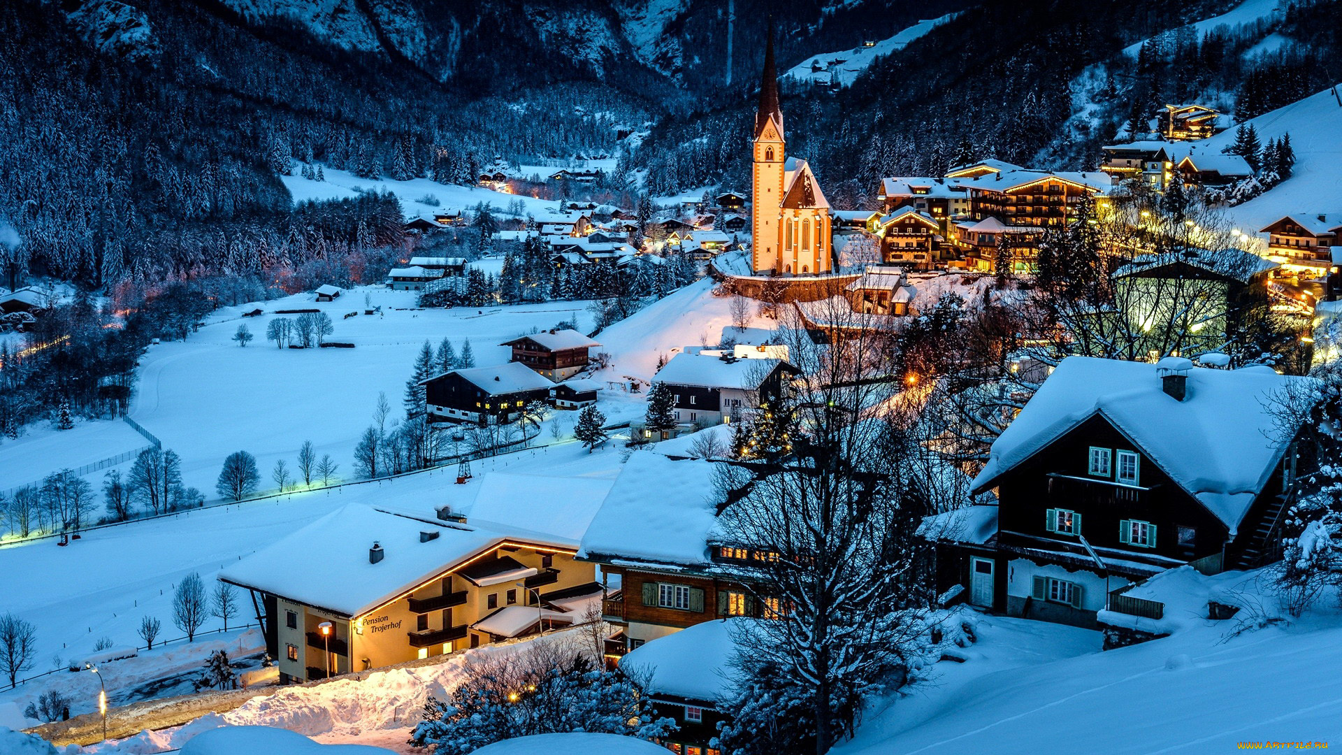 города, -, пейзажи, зимний, городок