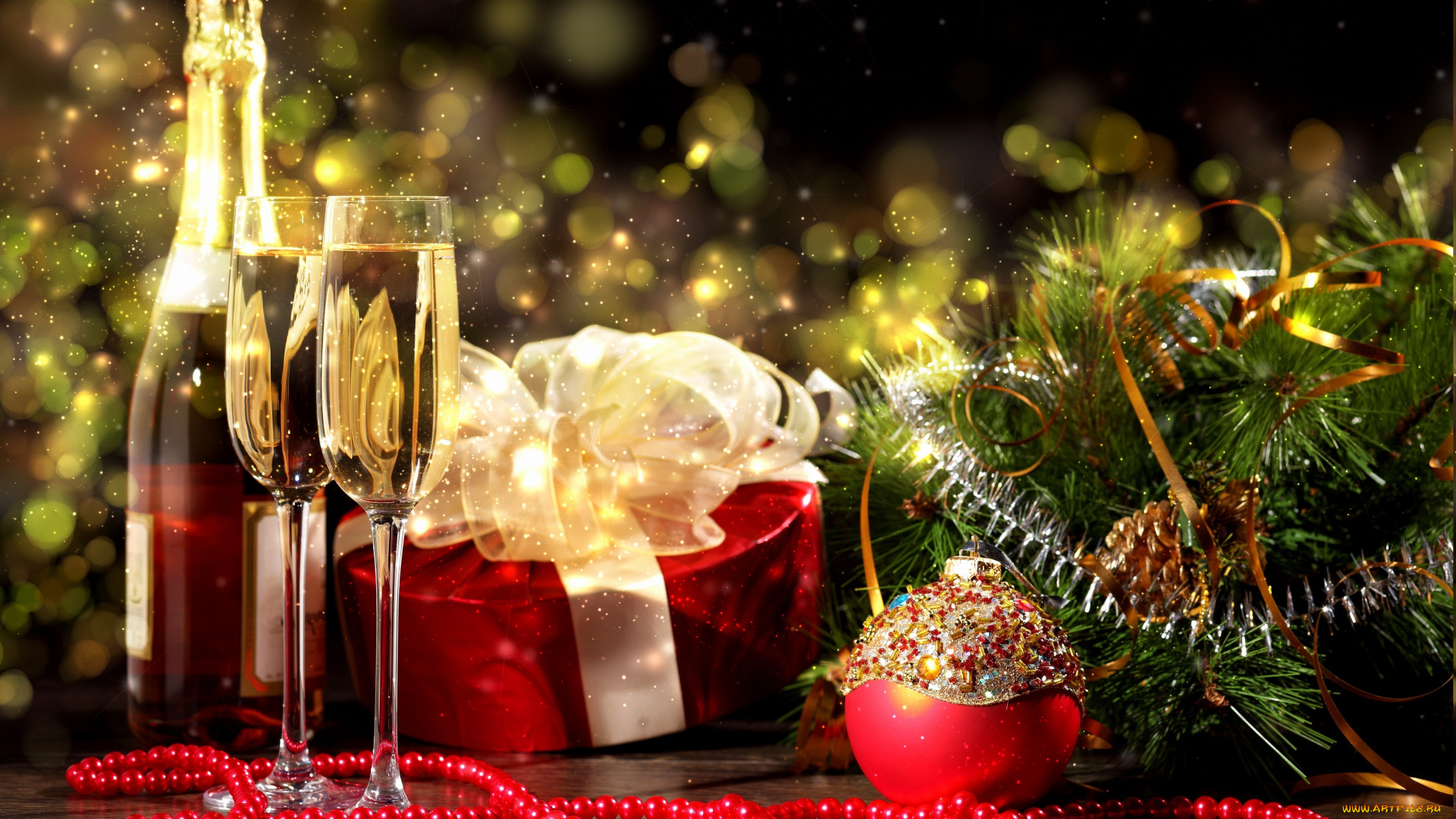 календари, праздники, , салюты, шишка, подарок, ветка, фужер, бокал, шампанское