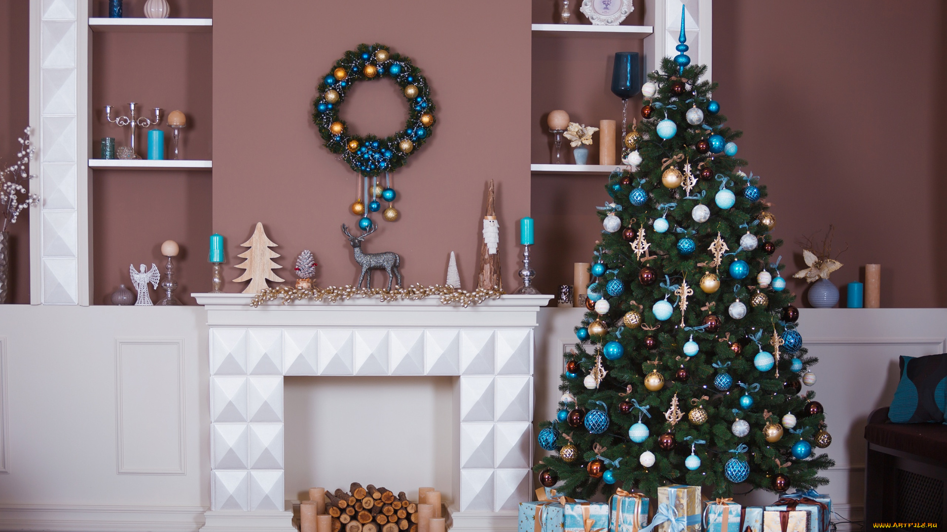 праздничные, Ёлки, елка, камин, украшение