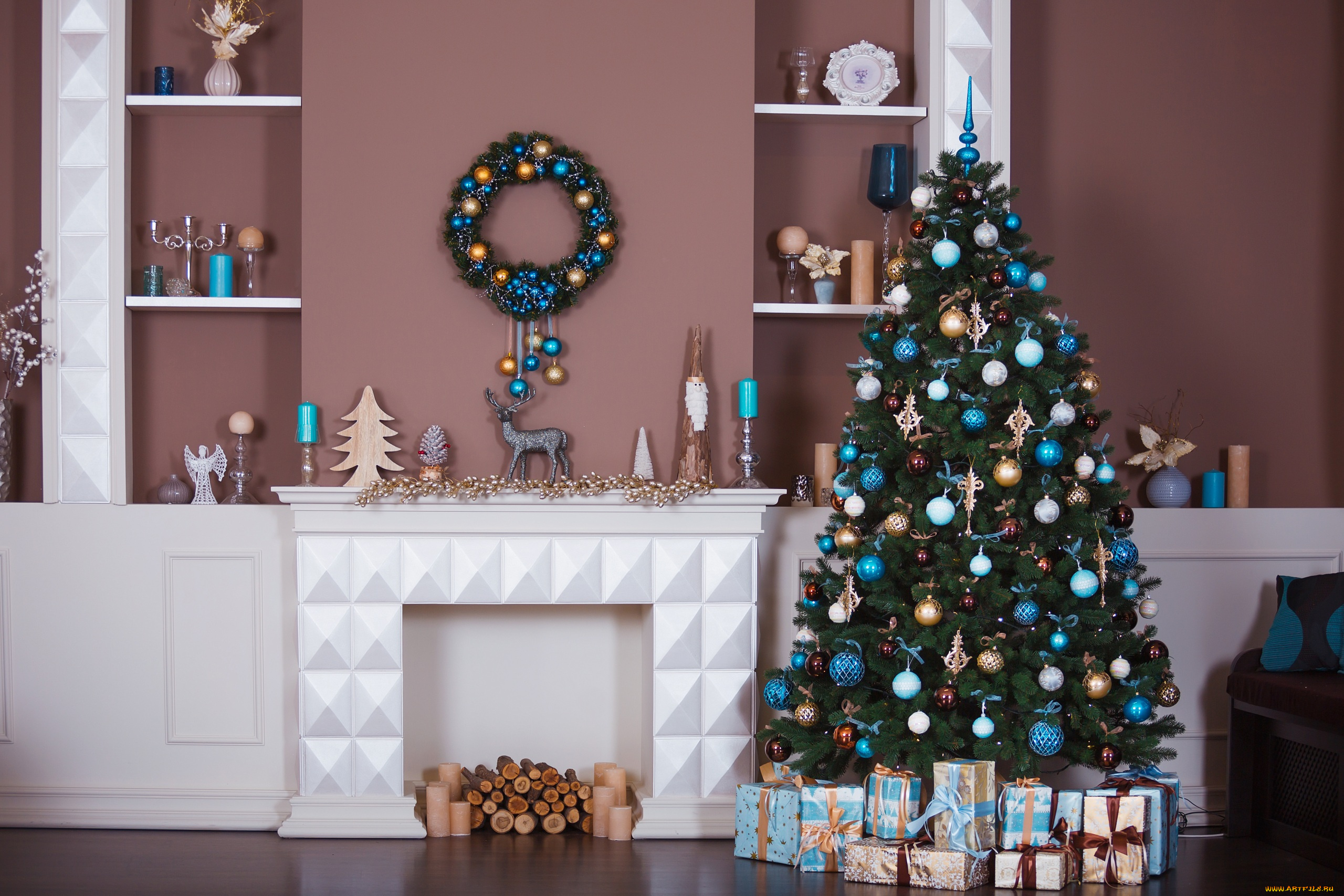 праздничные, Ёлки, елка, камин, украшение