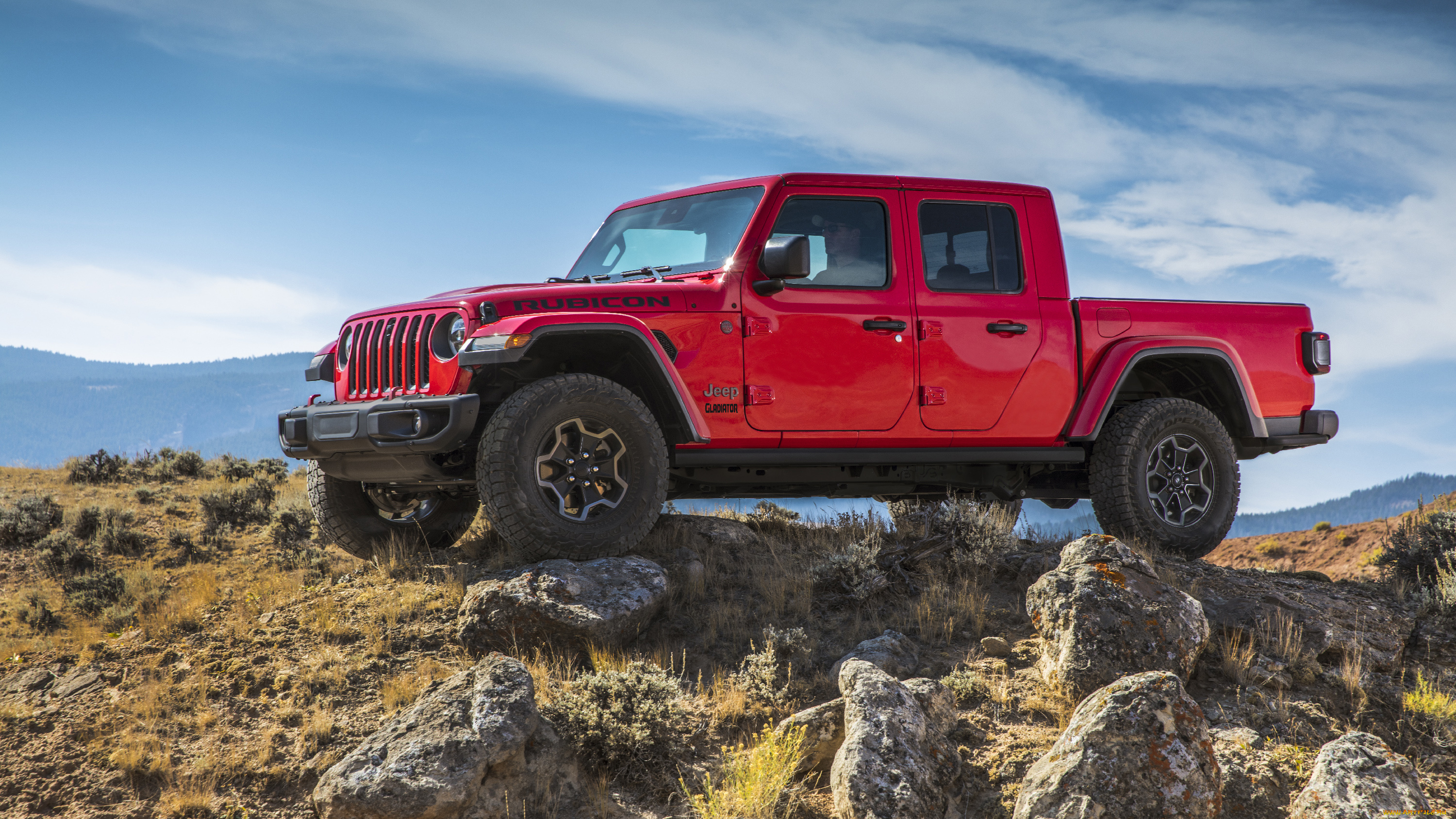 2020, jeep, gladiator, rubicon, автомобили, jeep, пикап, красный, rubicon, камни, джип, gladiator, 2020
