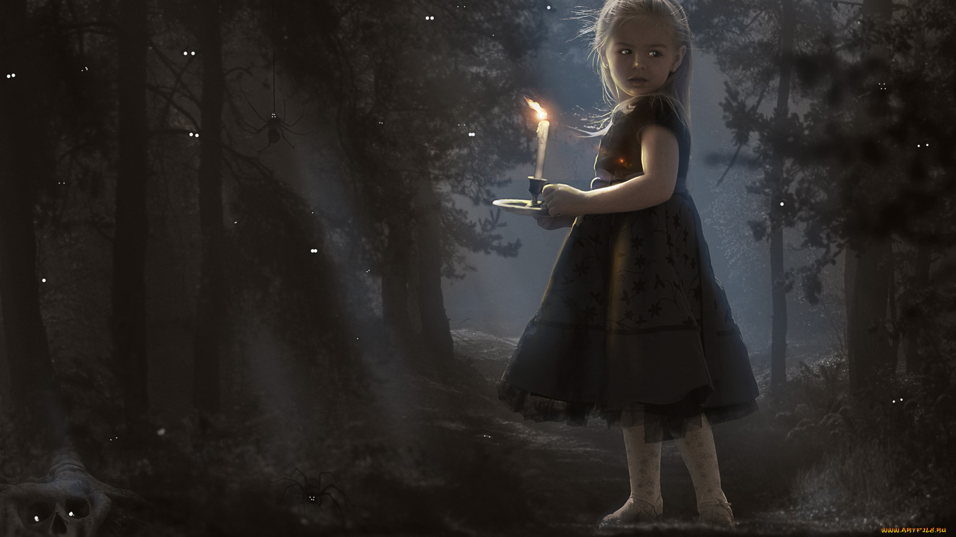 фэнтези, фотоарт, череп, паук, взгляд, свеча, лес, фон, девочка