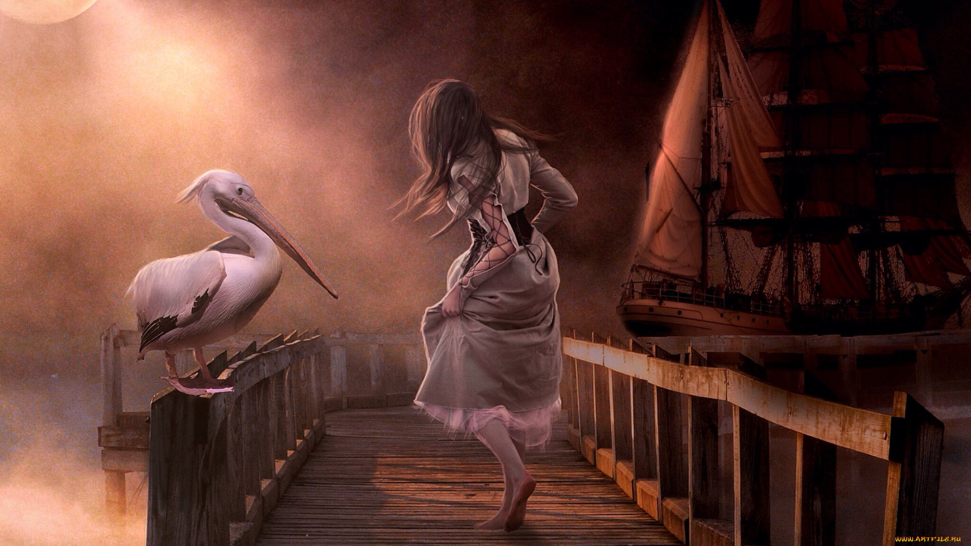 фэнтези, фотоарт, девушка, пристань, фон, пеликан, корабль