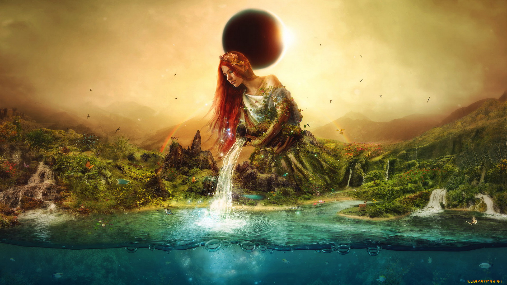 фэнтези, фотоарт, кувшин, фон, девушка, вода