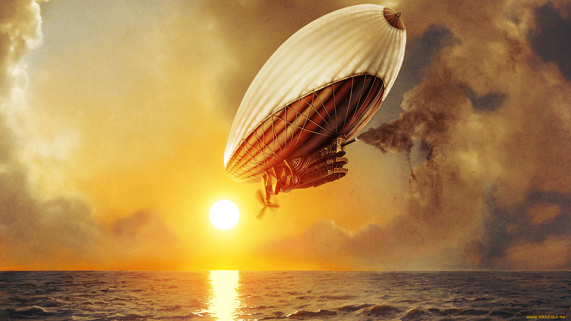 фэнтези, транспортные, средства, луна, море, фон, дирижабль