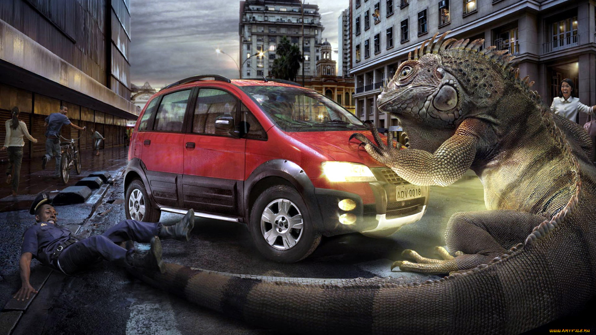 разное, компьютерный, дизайн, город, монстр, игуана, машина, полицейский, люди, улица