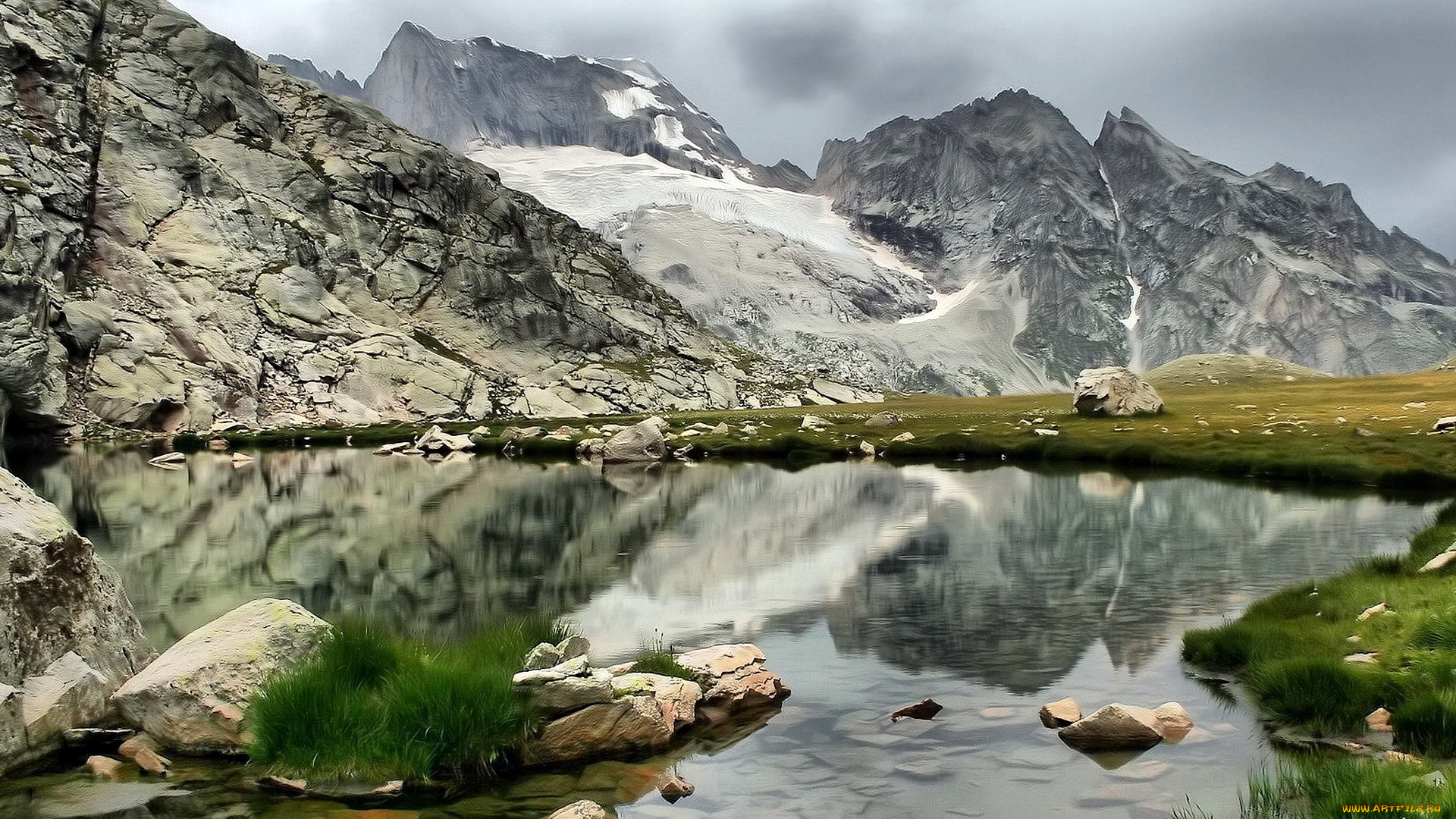 разное, компьютерный, дизайн, горы, камни, озеро, трава, снег