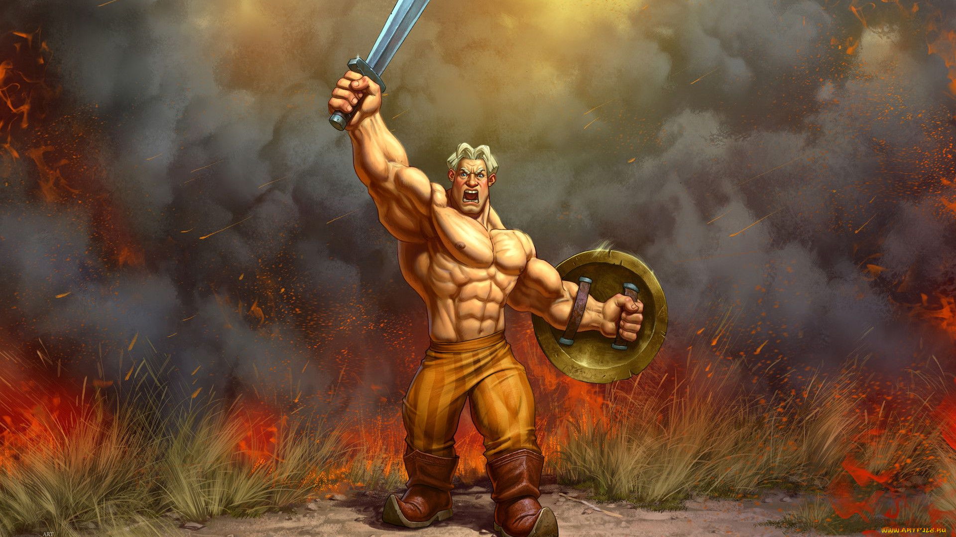 рисованное, кино, алеша, попович, богатырь, меч, щит, поле, огонь, дым